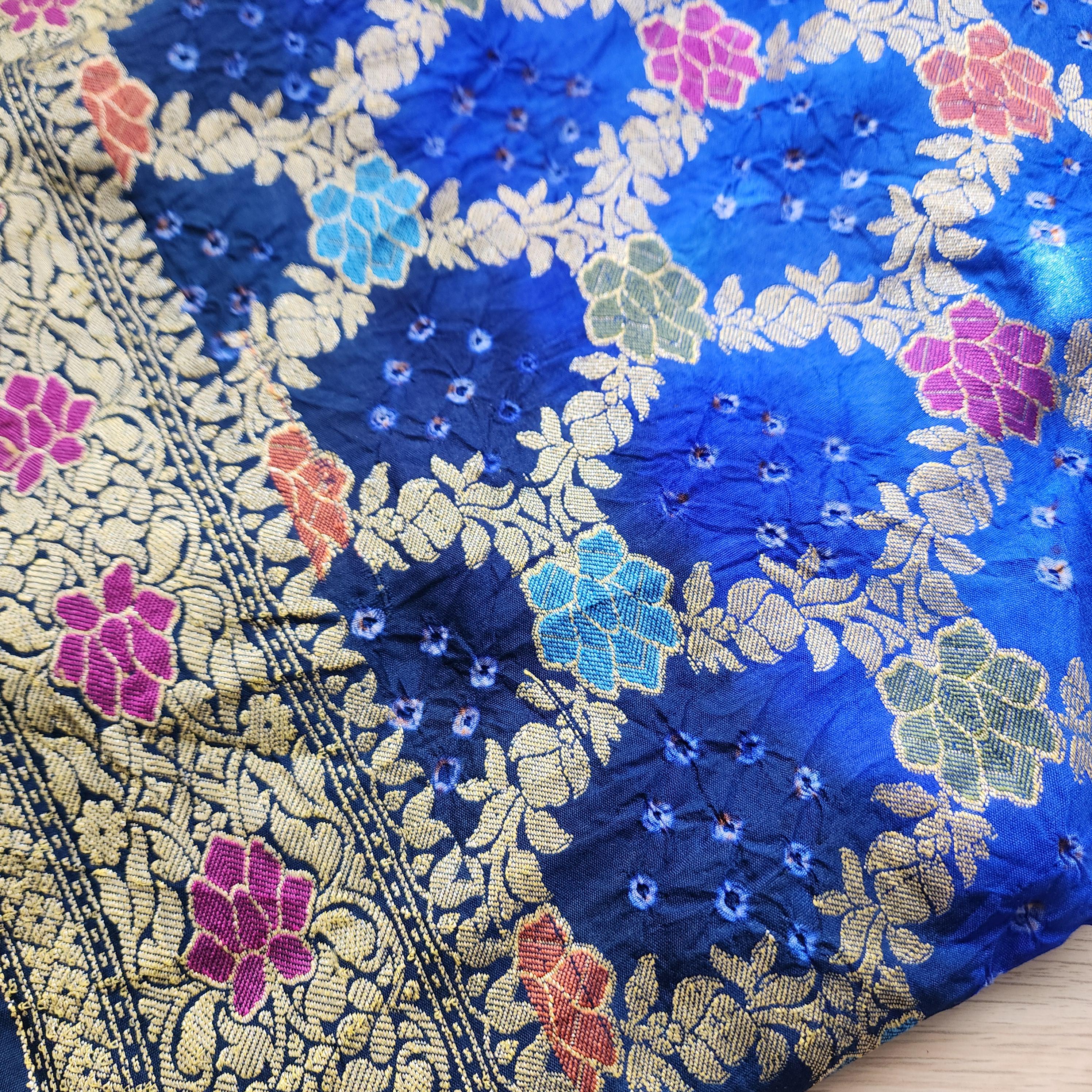 Banarasi Handwoven Bandhni Dupatta in Denim & Sky Blue, Beautiful Banarsi weaving in Gold