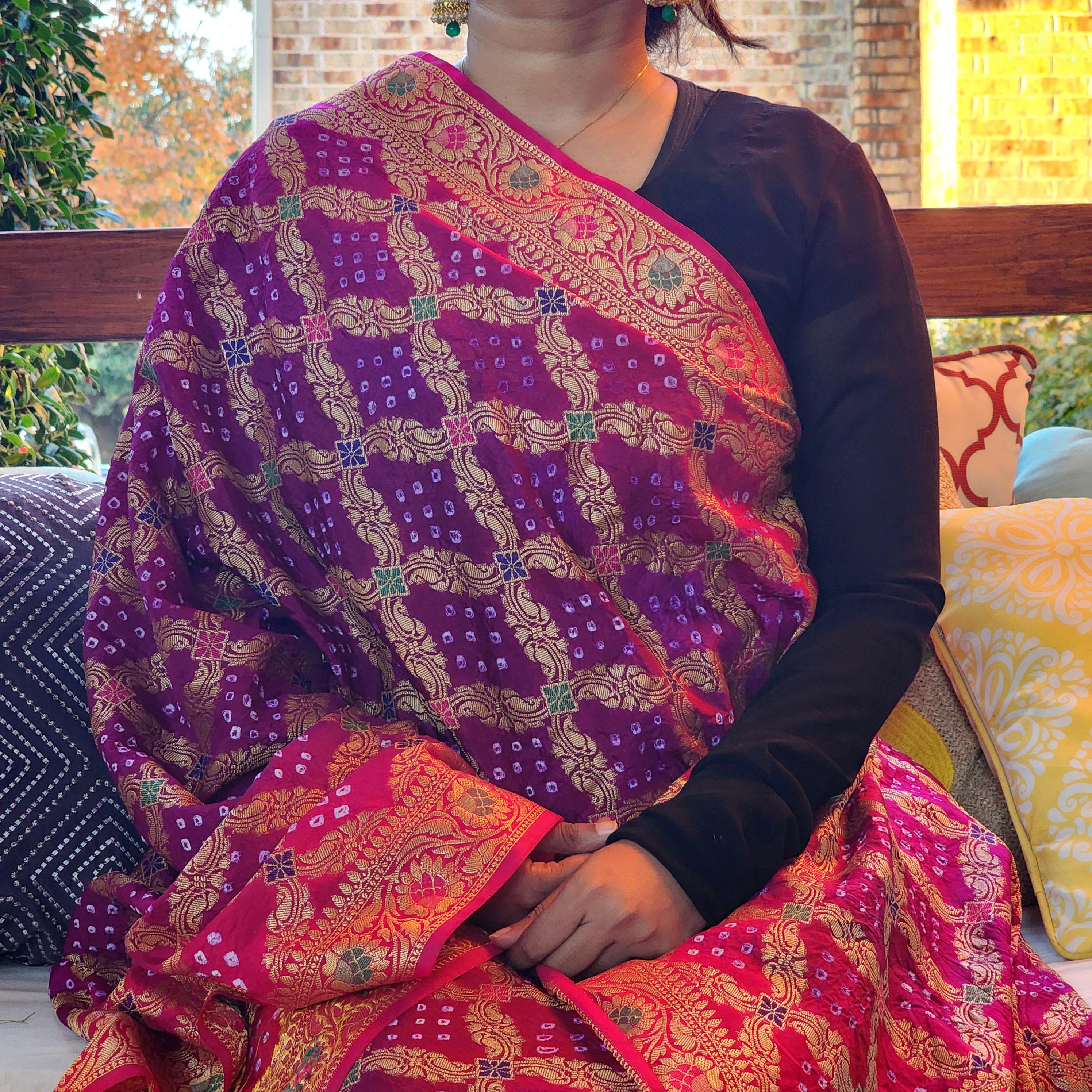 Banarasi Handwoven Bandhni Dupatta in Purple & Rani Pink, Beautiful Banarsi weaving in Gold