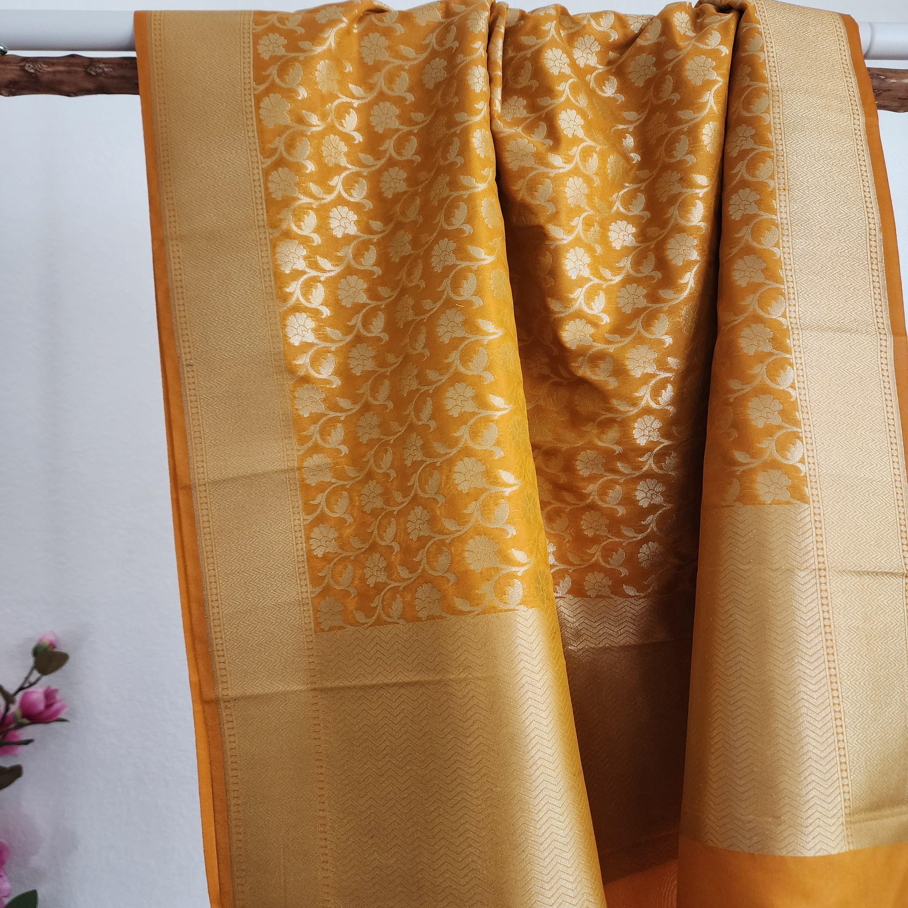 Banarasi Silk Mustard Yellow Dupatta with gold handweaving, Indian traditional and Festive designer dupatta, luxurious soft Banarsi dupatta