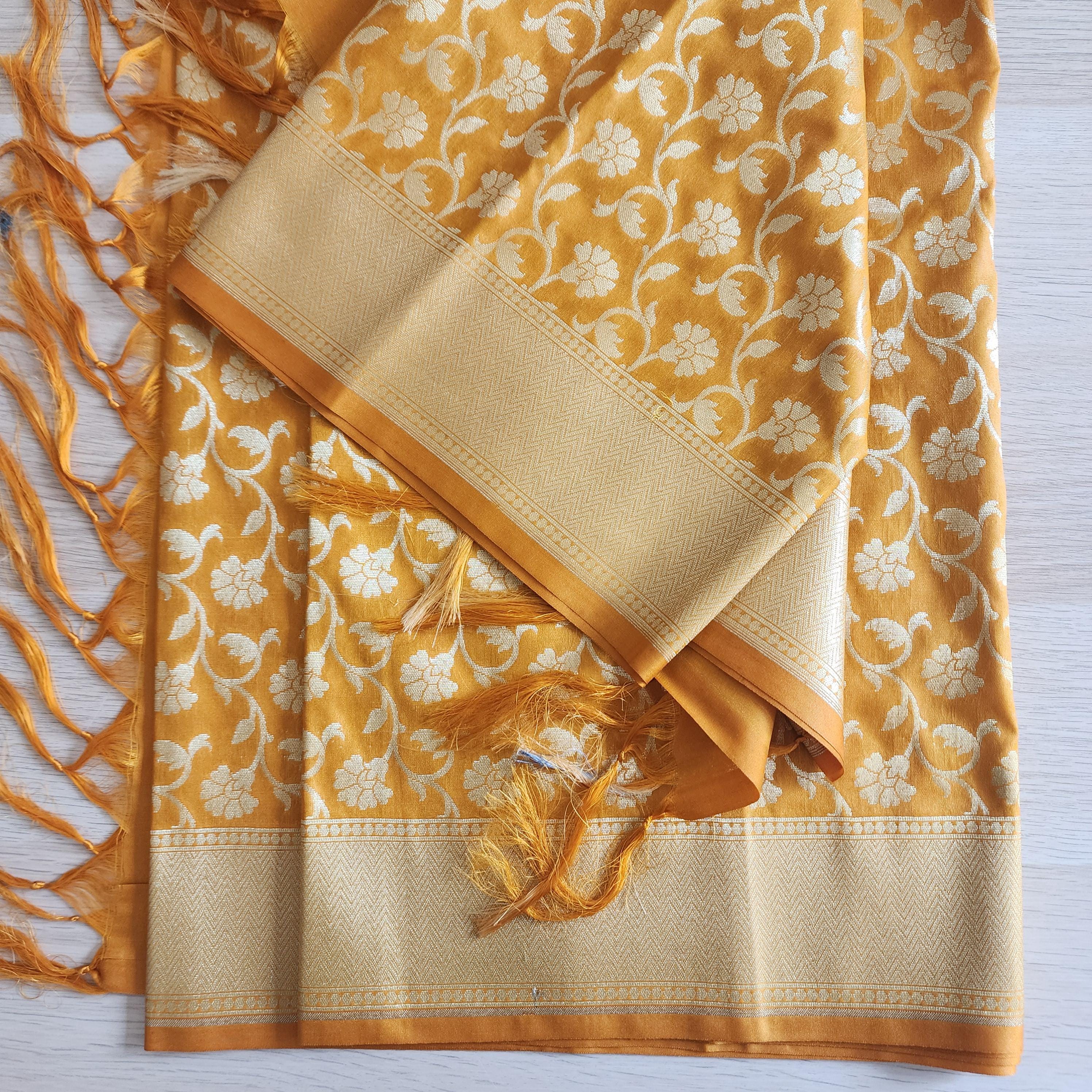 Banarasi Silk Mustard Yellow Dupatta with gold handweaving, Indian traditional and Festive designer dupatta, luxurious soft Banarsi dupatta