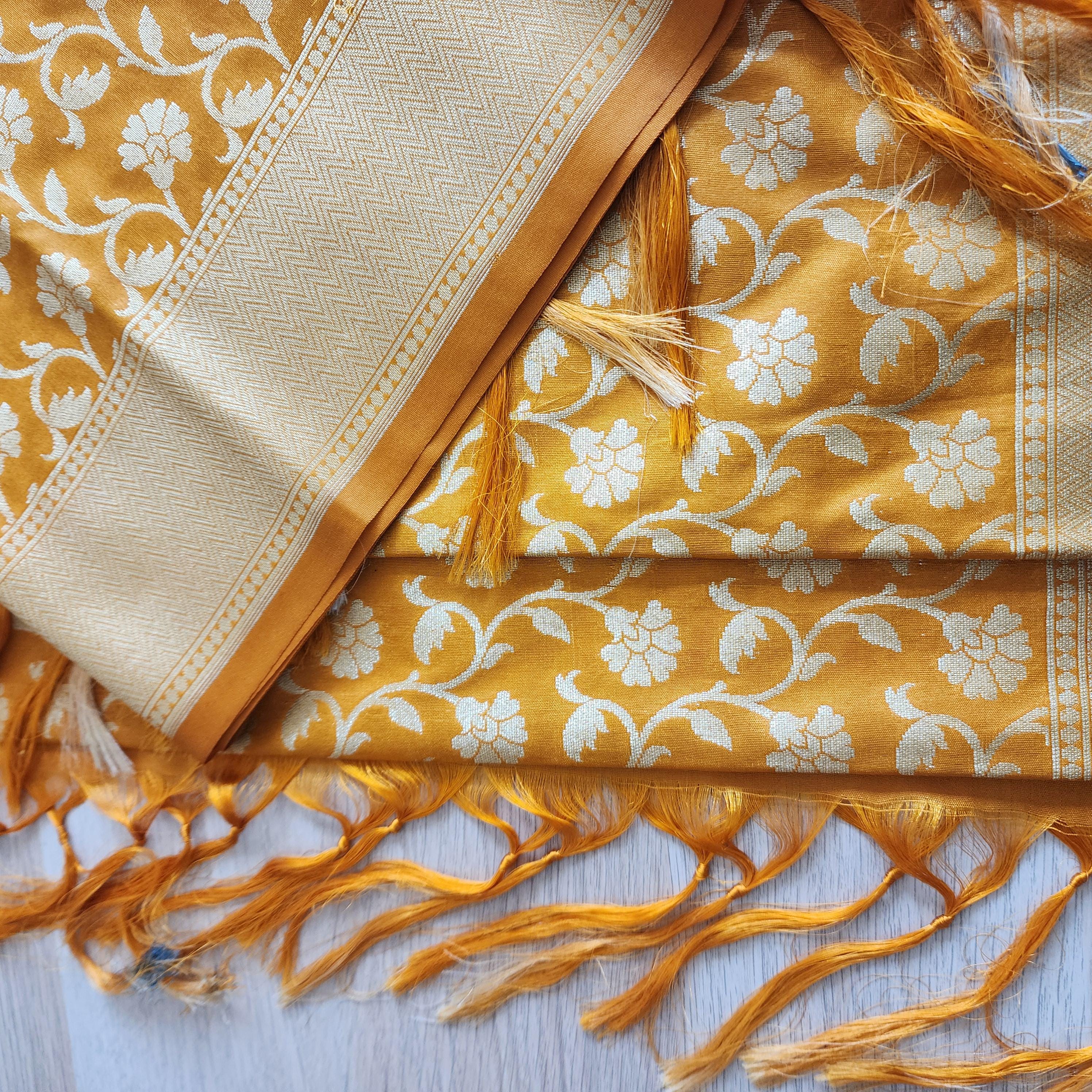 Banarasi Silk Mustard Yellow Dupatta with gold handweaving, Indian traditional and Festive designer dupatta, luxurious soft Banarsi dupatta