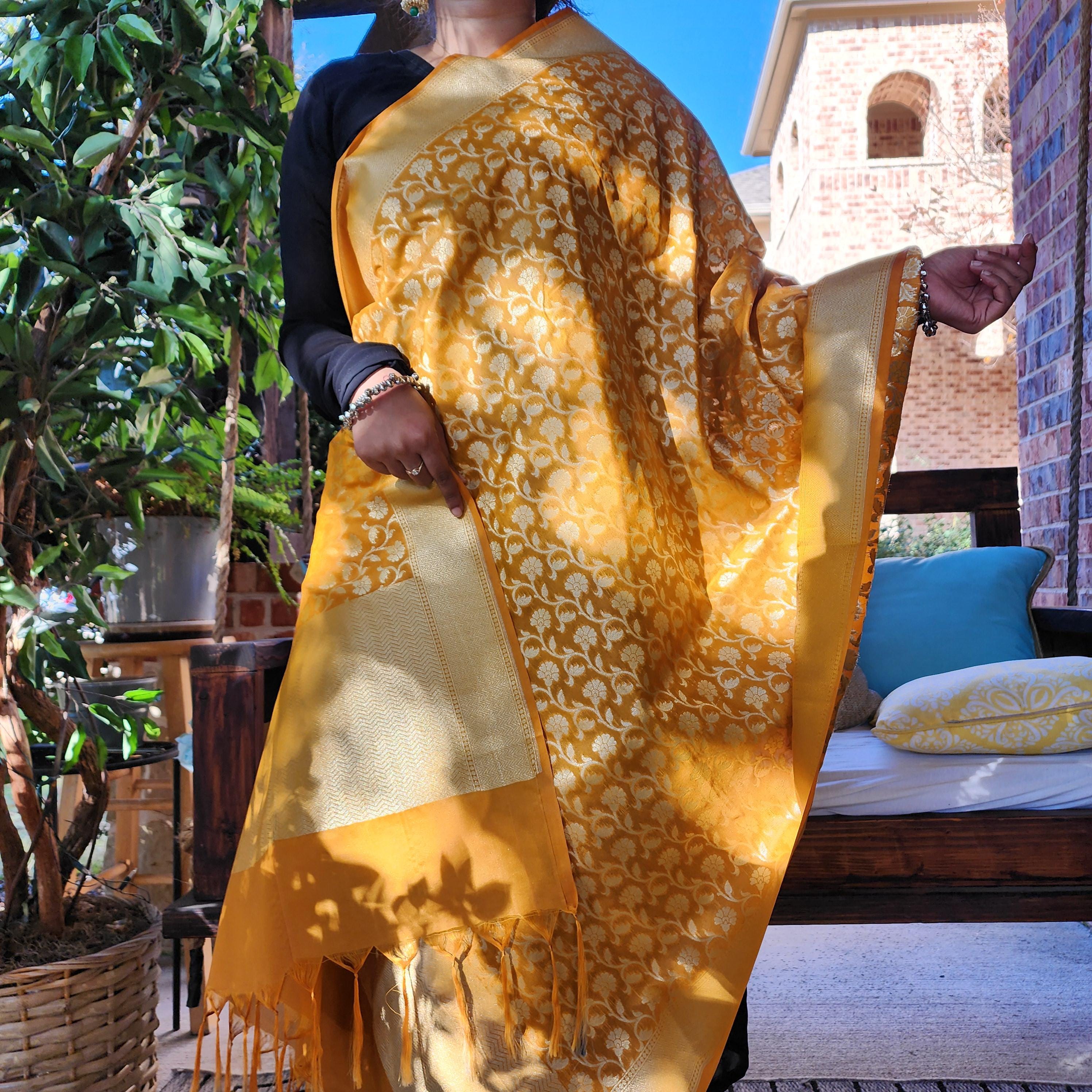 Banarasi Silk Mustard Yellow Dupatta with gold handweaving, Indian traditional and Festive designer dupatta, luxurious soft Banarsi dupatta