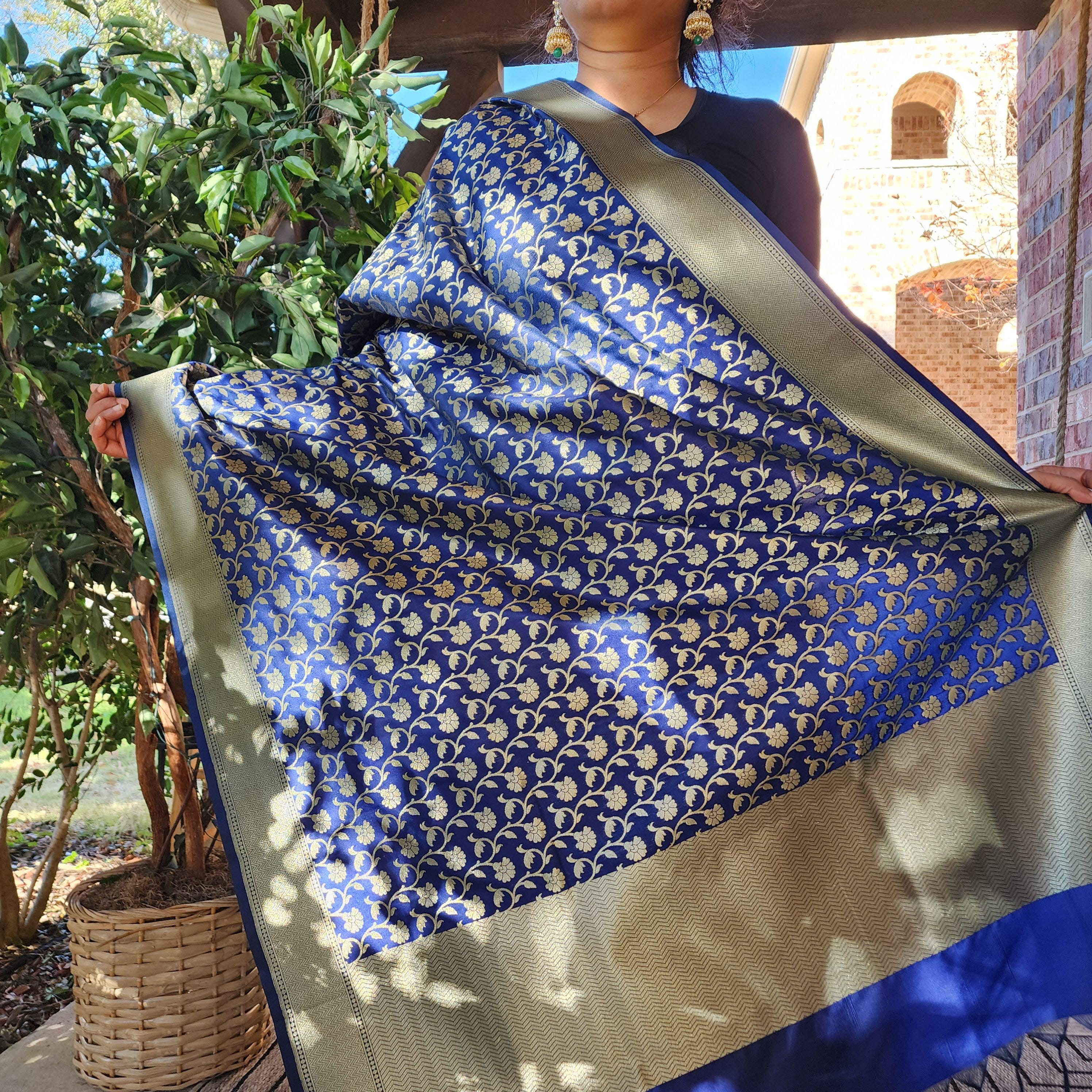 Banarasi Silk Royal Blue Dupatta with gold handweaving, Indian traditional and Festive designer dupatta, luxurious soft Banarsi dupatta