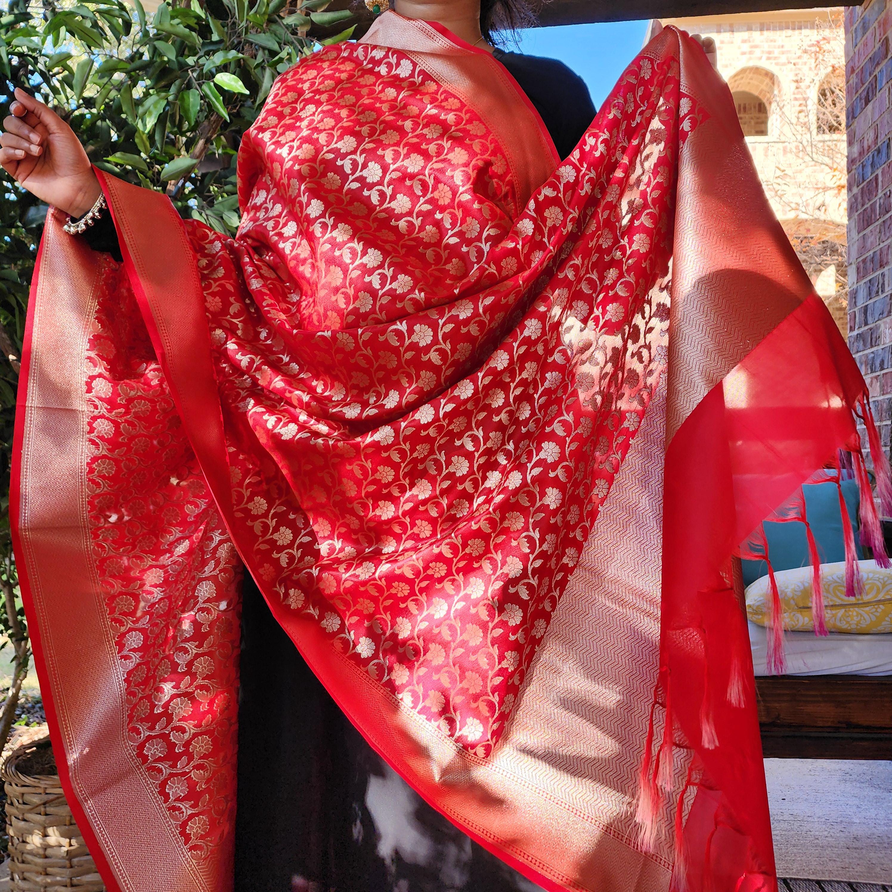 Banarasi Silk Red Dupatta with gold handweaving, Indian traditional and Festive designer dupatta, luxurious soft Banarsi dupatta