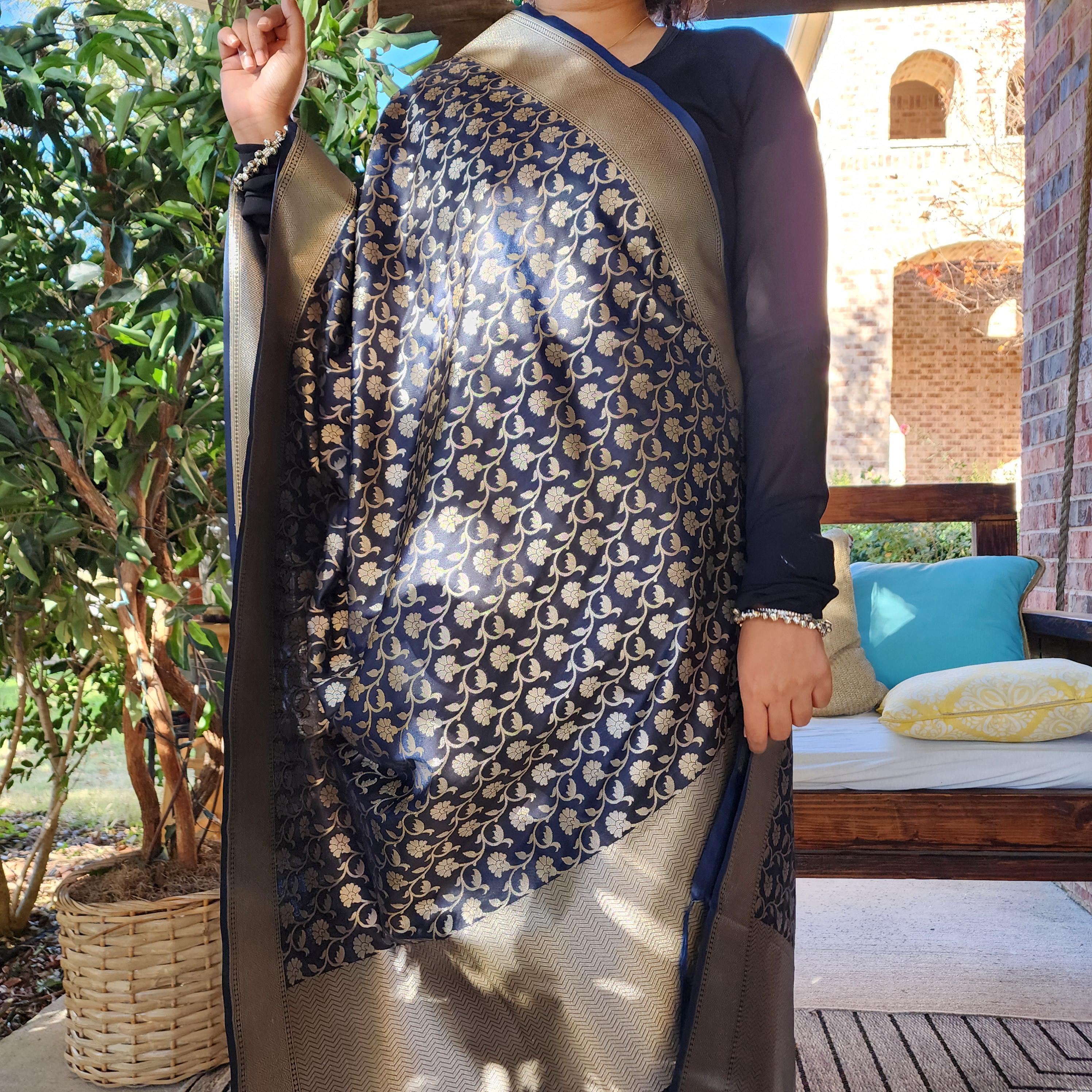 Banarasi Silk Navy Blue Dupatta with gold handweaving, Indian traditional and Festive designer dupatta, luxurious soft Banarsi dupatta