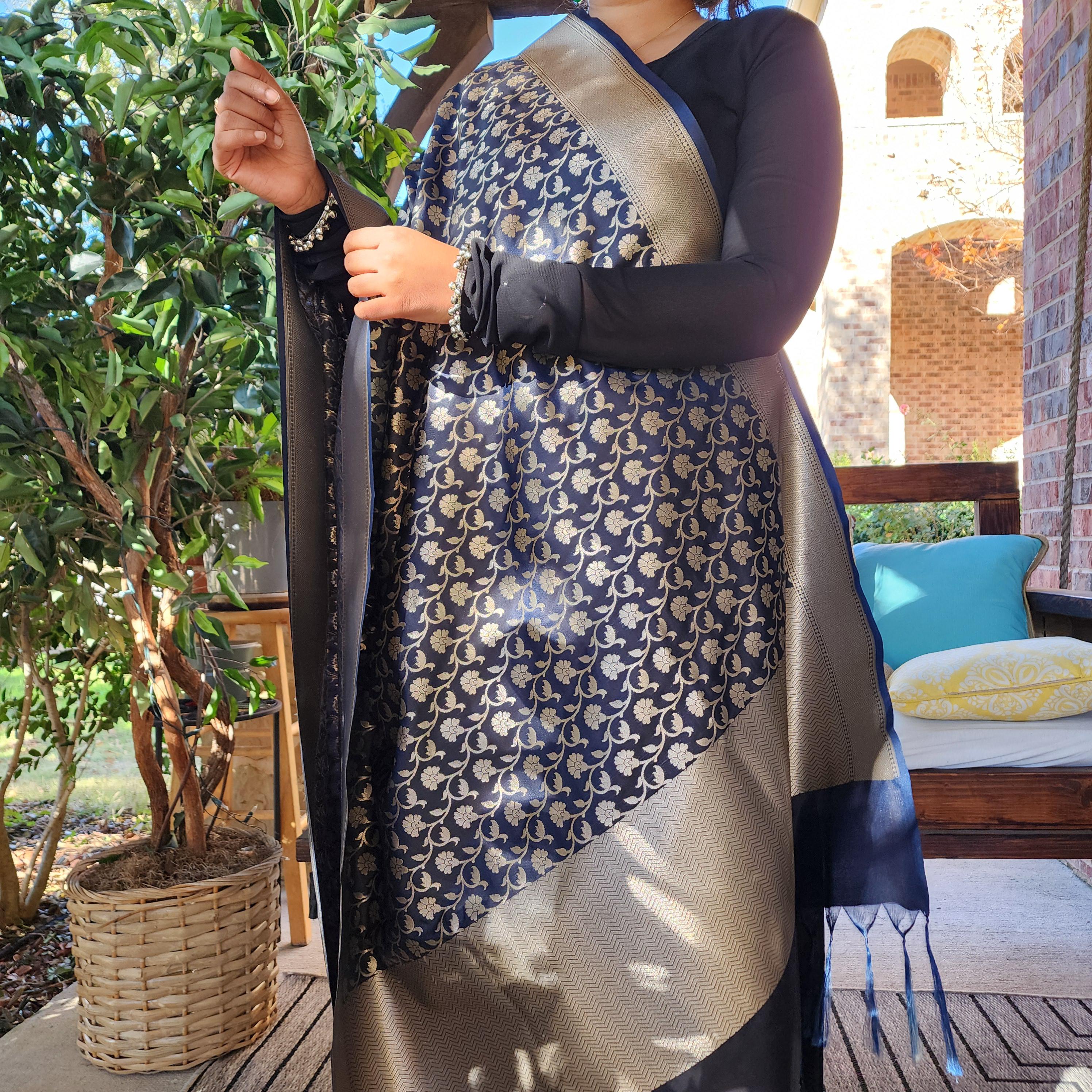 Banarasi Silk Navy Blue Dupatta with gold handweaving, Indian traditional and Festive designer dupatta, luxurious soft Banarsi dupatta