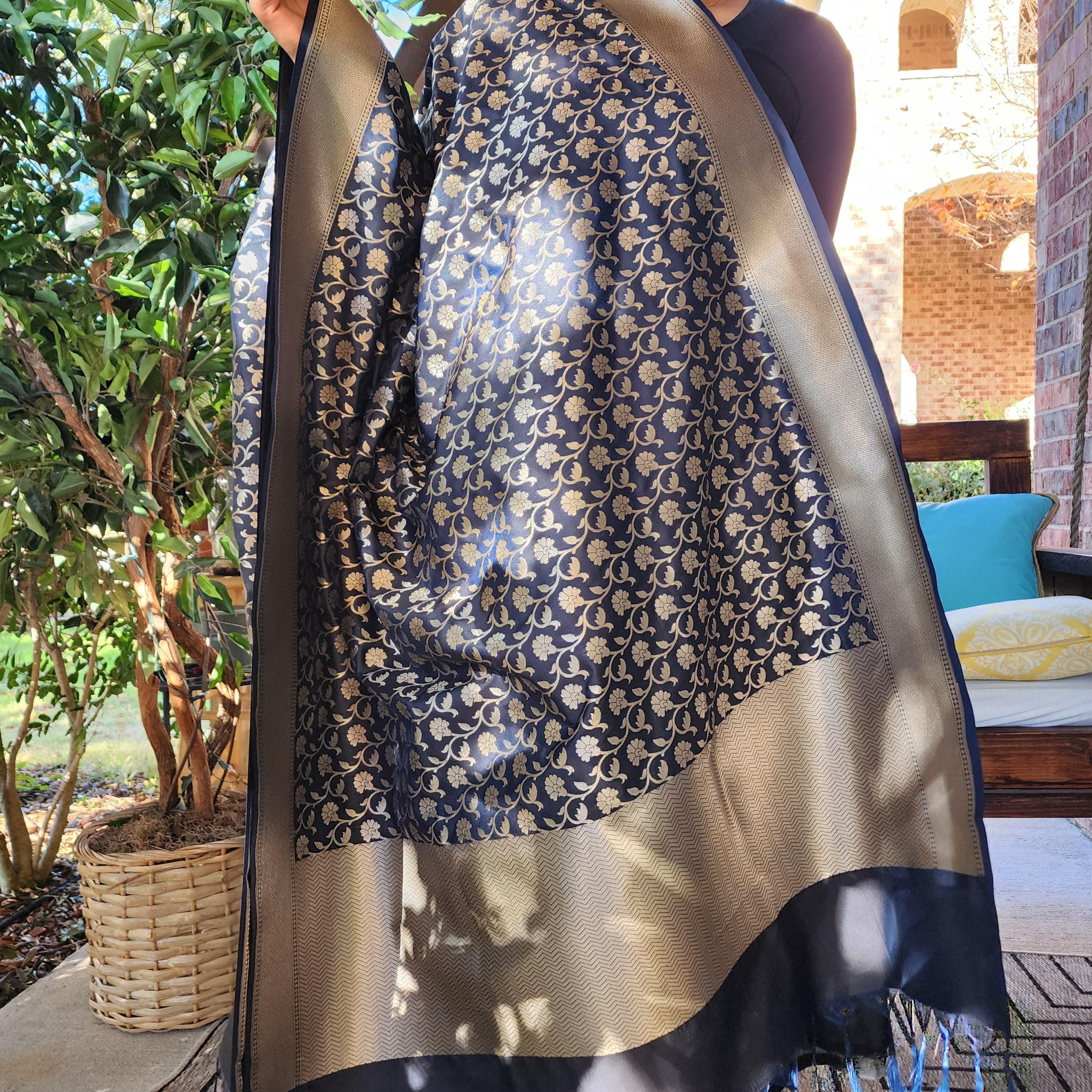 Banarasi Silk Navy Blue Dupatta with gold handweaving, Indian traditional and Festive designer dupatta, luxurious soft Banarsi dupatta