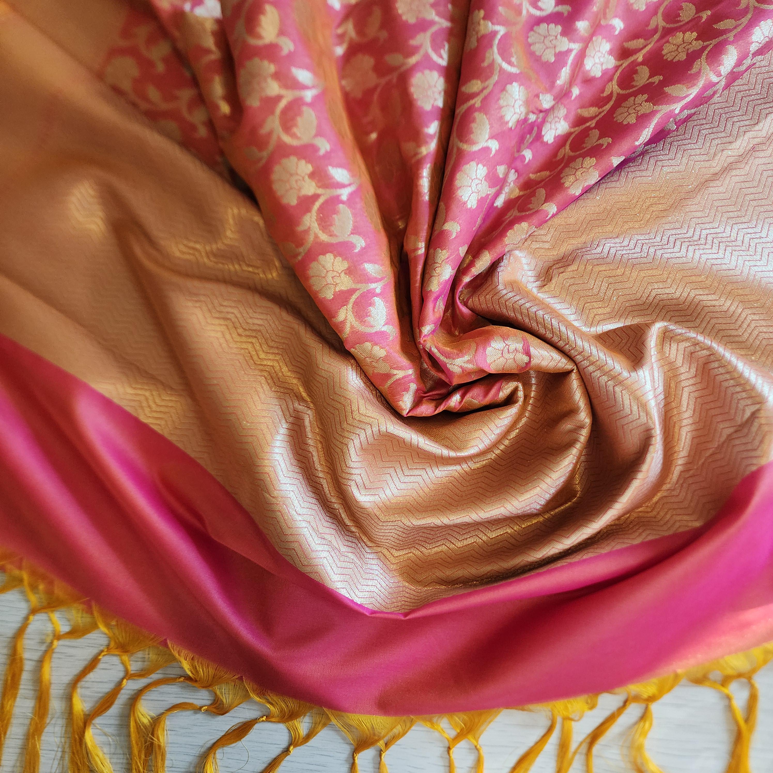 Peach Pink Banarasi Silk Dupatta with Gold Jasmine Motifs