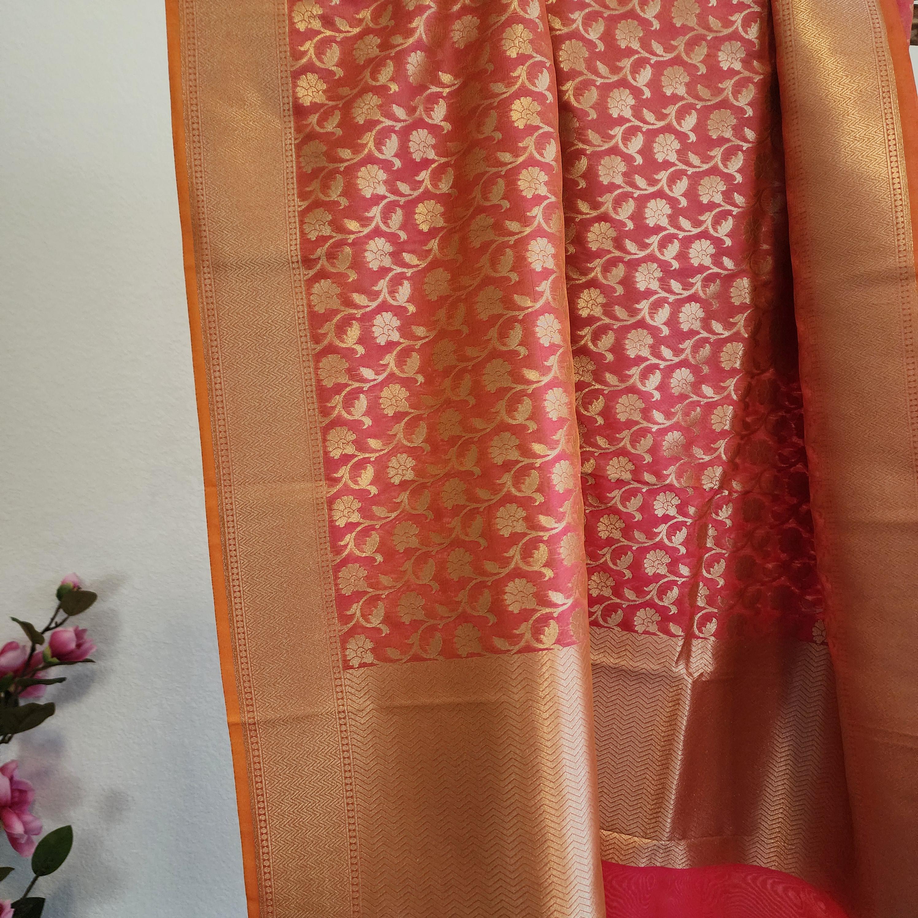 Banarasi Silk Peach Pink Dupatta with gold handweaving, Indian traditional and Festive designer dupatta, luxurious soft Banarsi dupatta