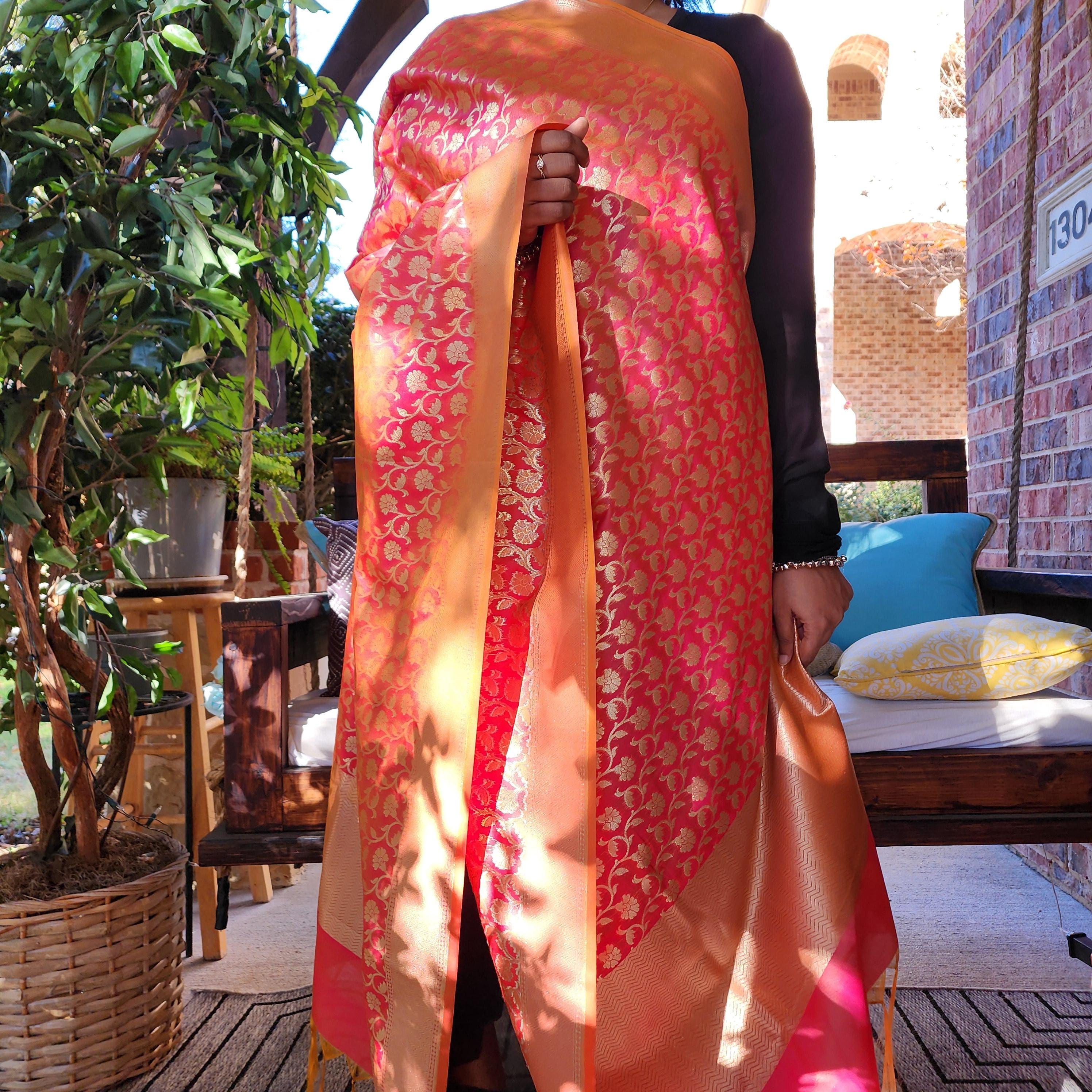 Banarasi Silk Peach Pink Dupatta with gold handweaving, Indian traditional and Festive designer dupatta, luxurious soft Banarsi dupatta