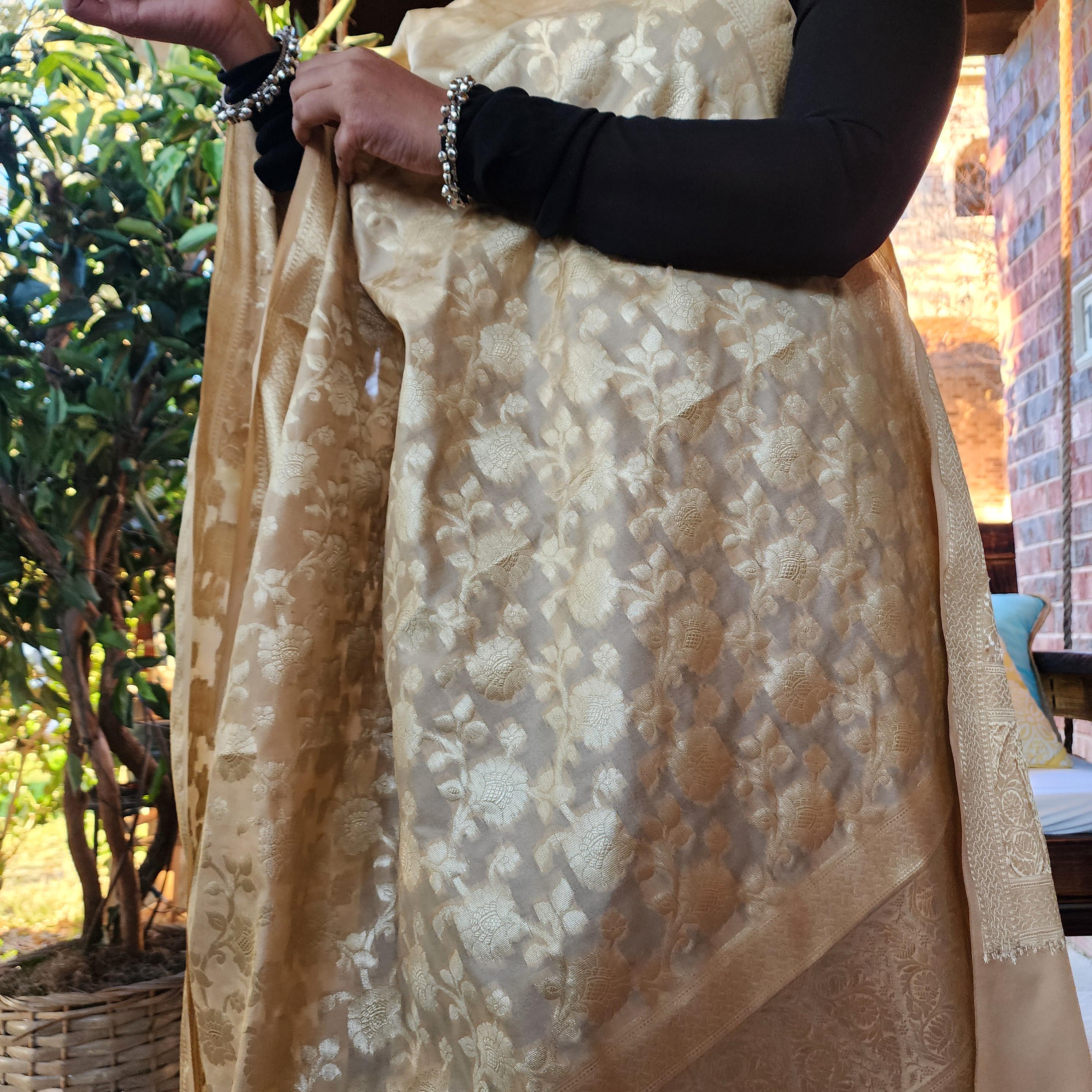Banarasi Silk Beige Dupatta with gold handweaving, Indian traditional and Festive designer dupatta, luxurious soft Banarsi dupatta