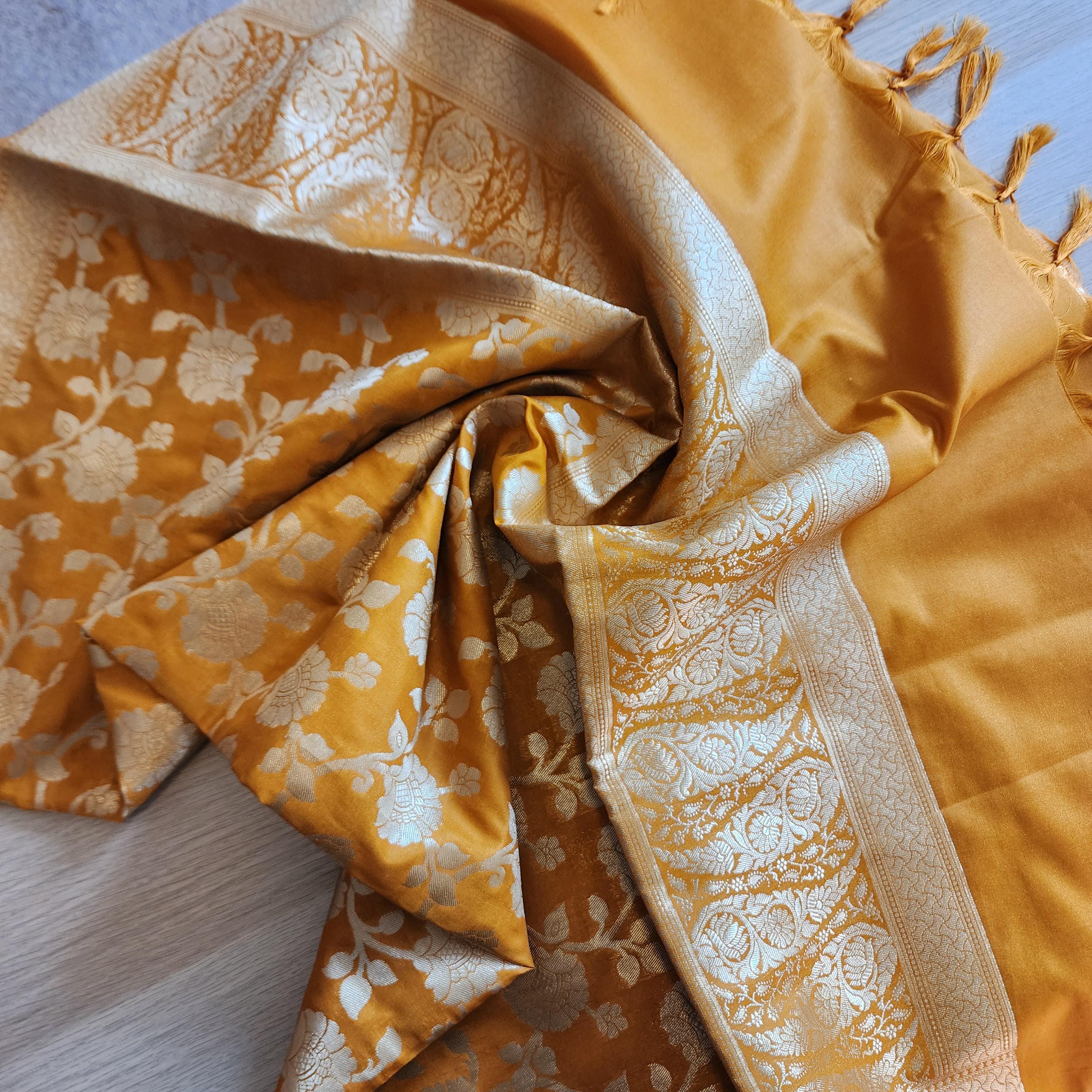 Banarasi Silk Mustard Yellow Dupatta with gold handweaving