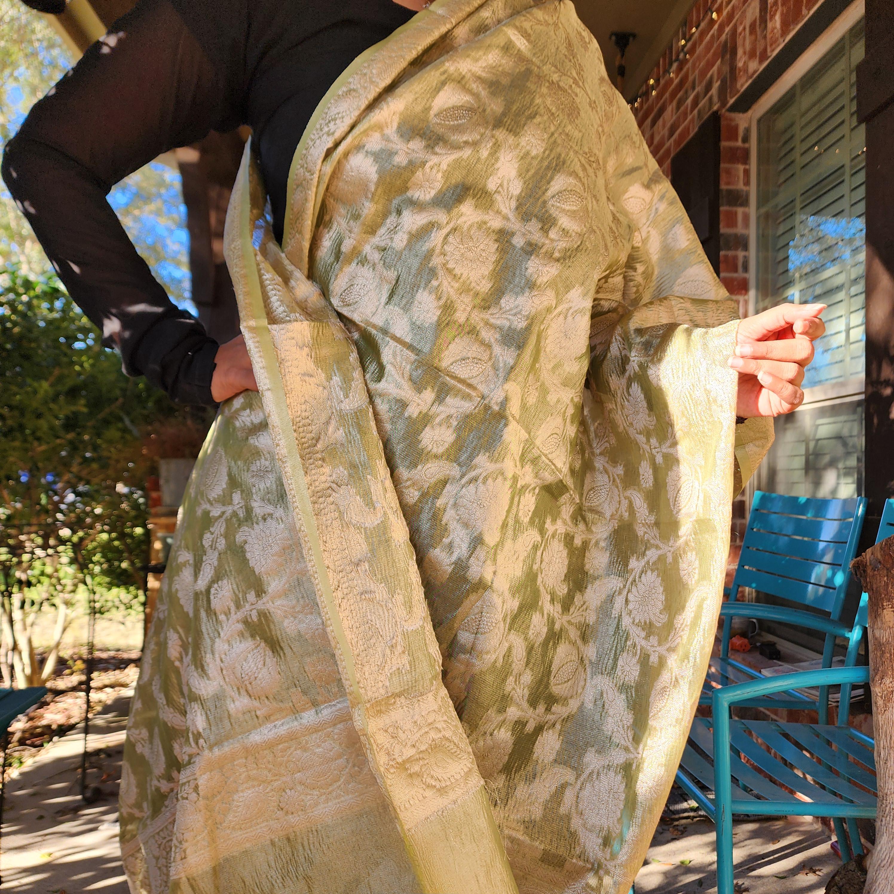 Tissue Silk Green Dupatta, Crushed Tissue Indian traditional & Festive wear Dupatta
