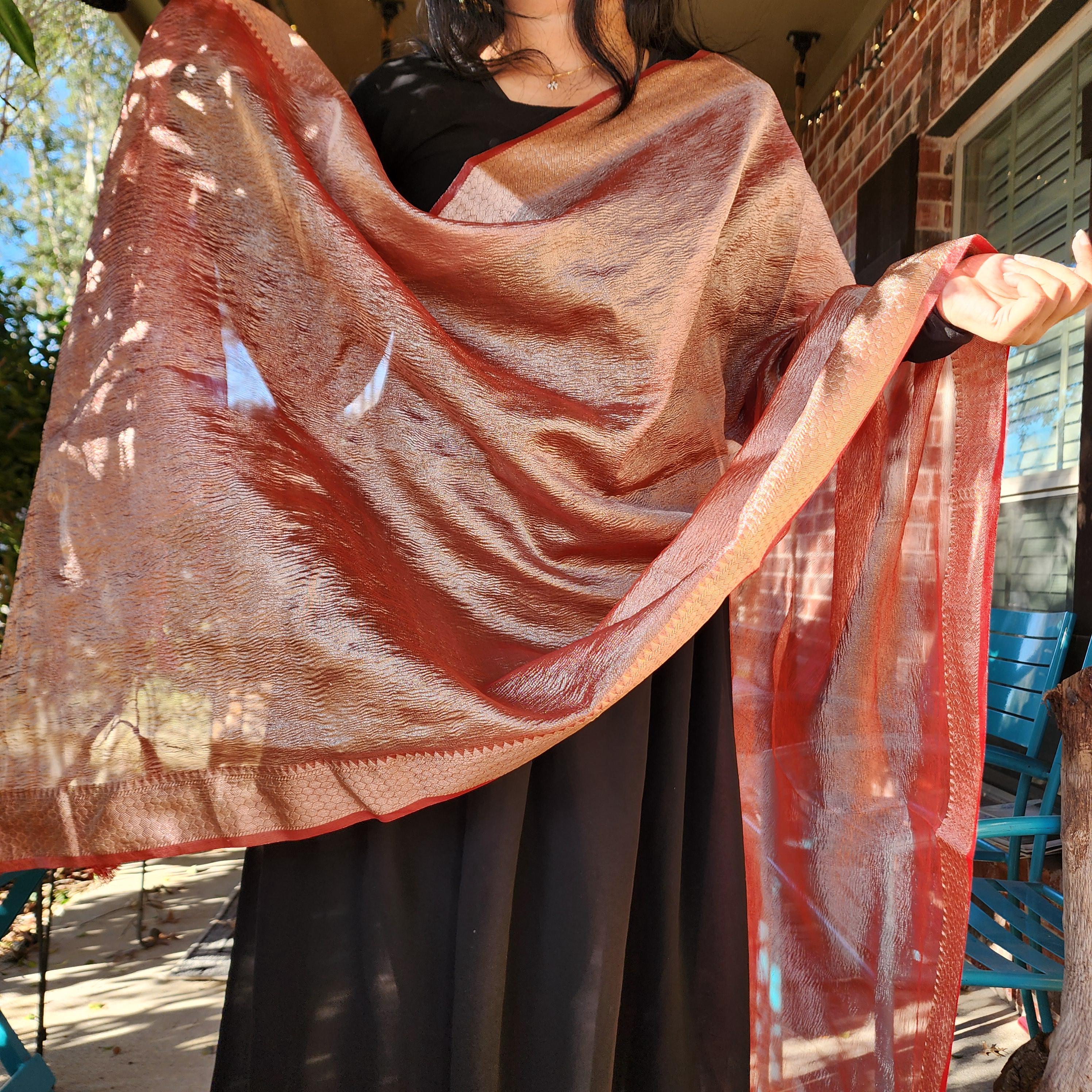 Tissue Silk Rust Red Dupatta, Crushed Tissue Indian traditional & Festive wear Dupatta