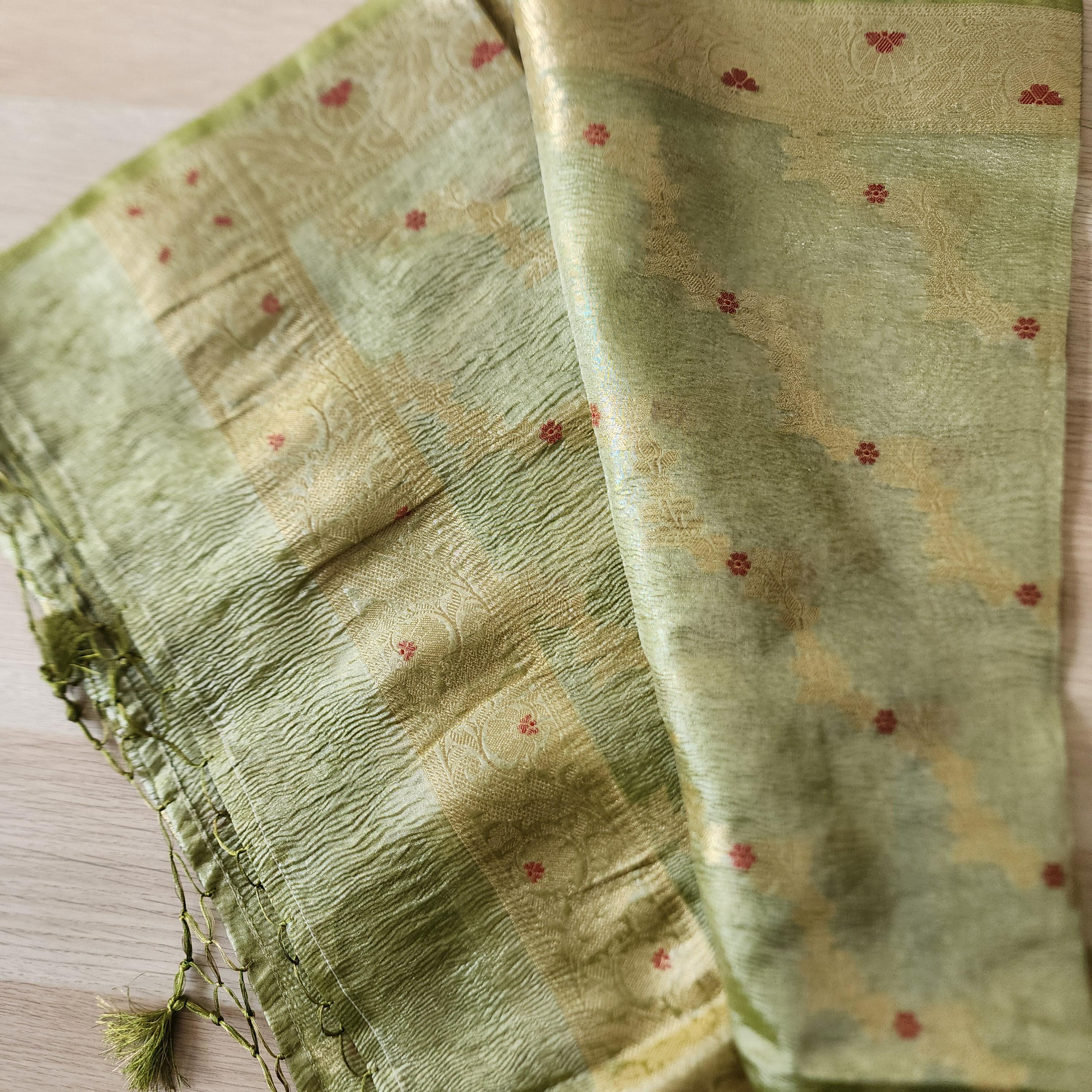 Tissue Silk Green Dupatta, Crushed Tissue Dupatta with meenakari work