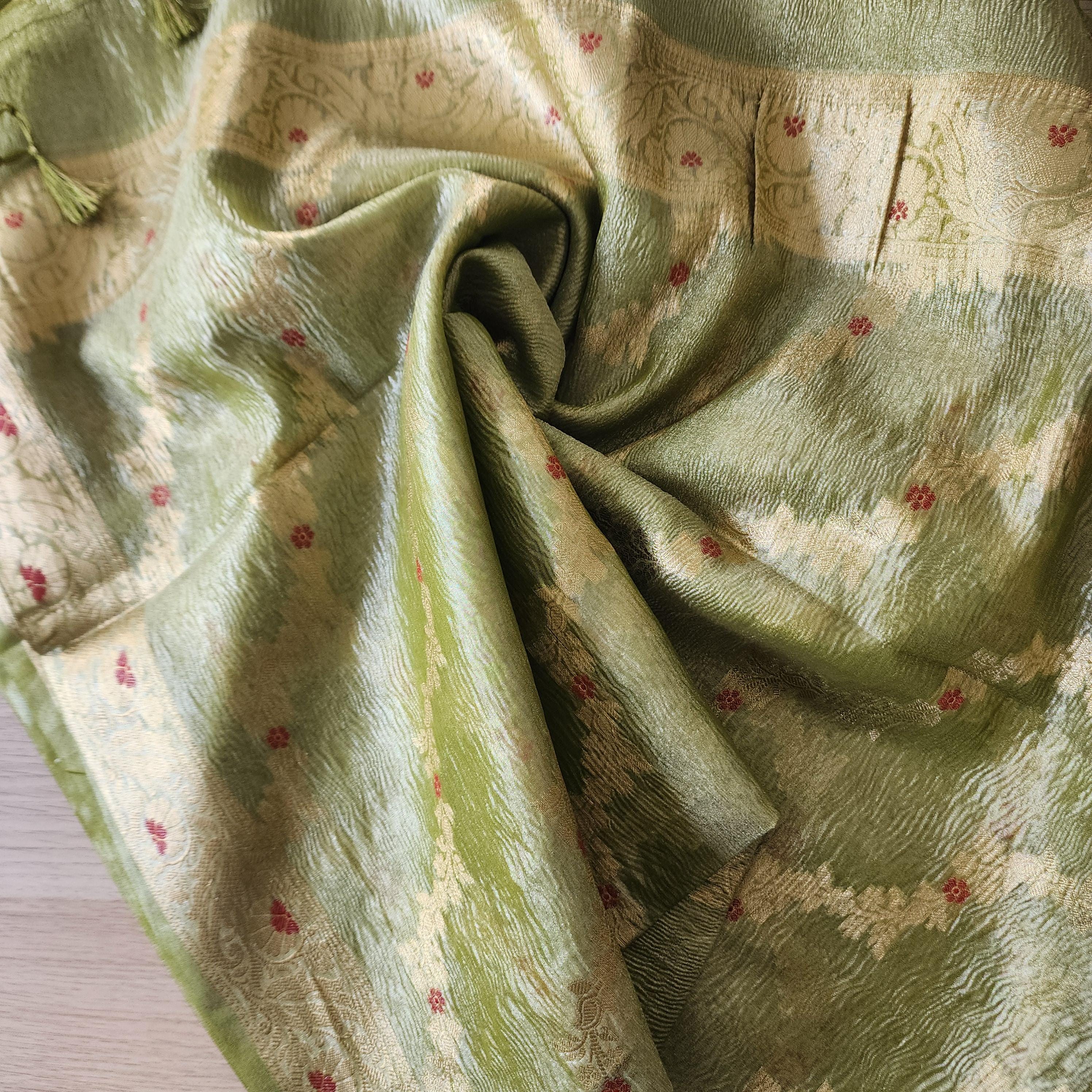 Tissue Silk Green Dupatta, Crushed Tissue Dupatta with meenakari work