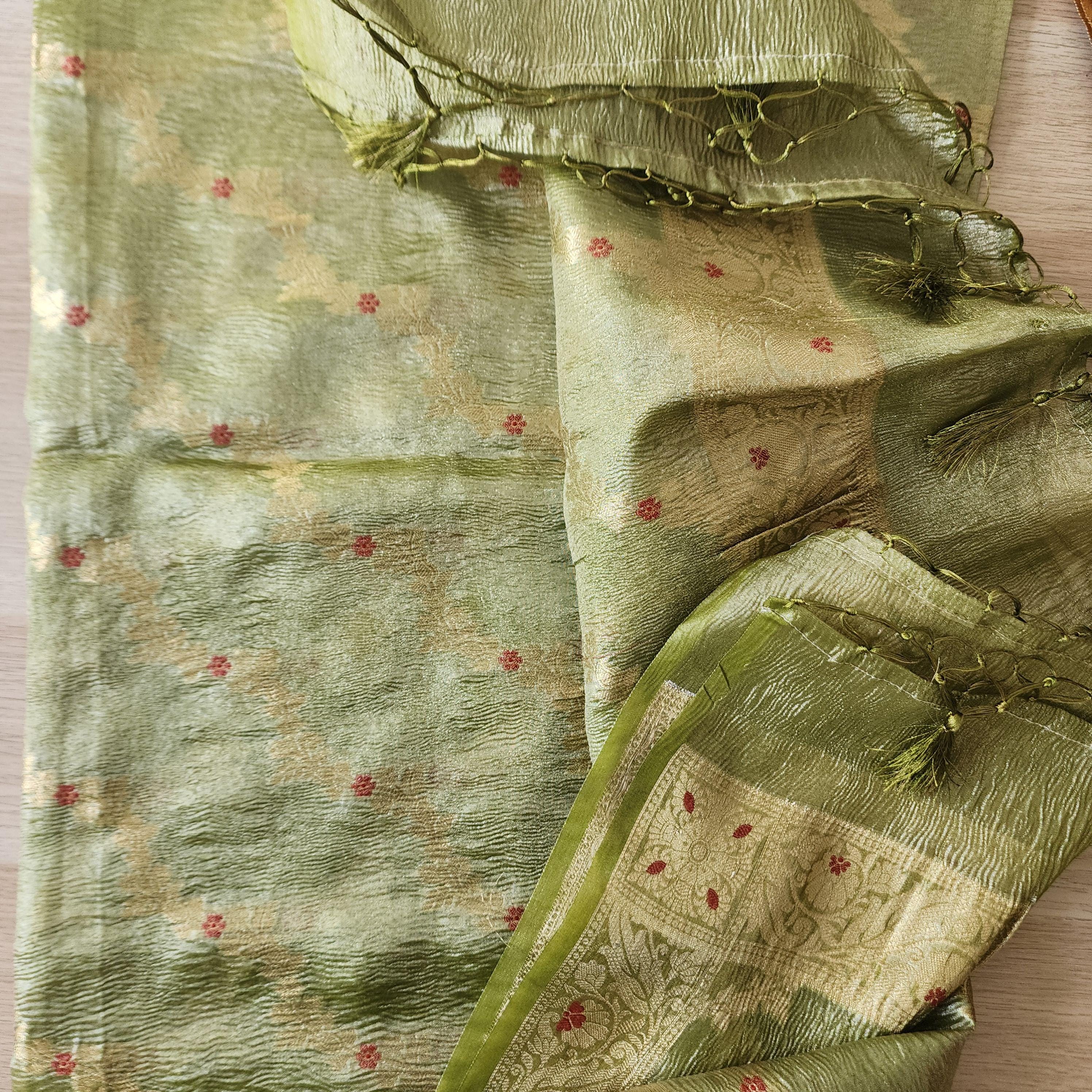 Tissue Silk Green Dupatta, Crushed Tissue Dupatta with meenakari work