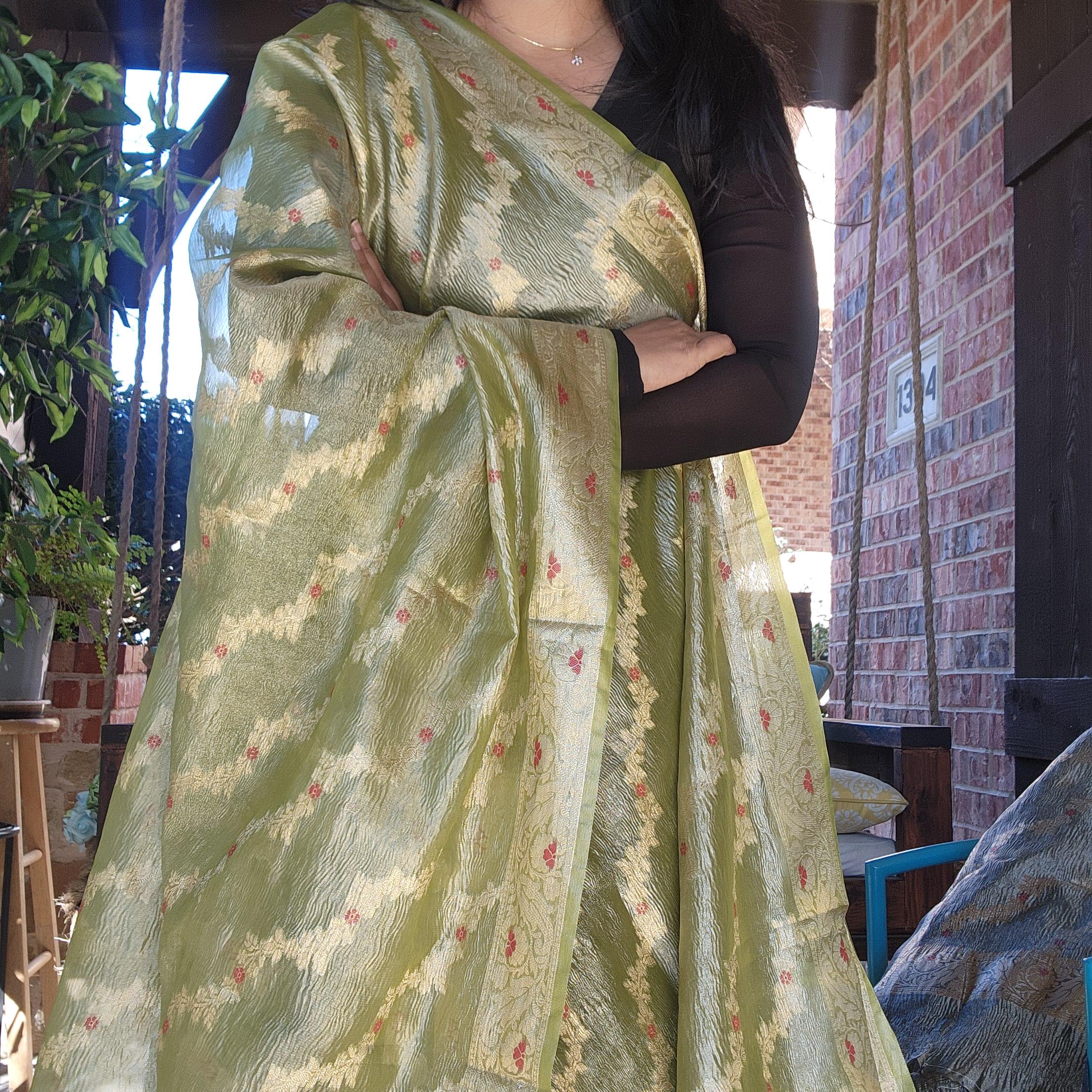 Tissue Silk Green Dupatta, Crushed Tissue Dupatta with meenakari work