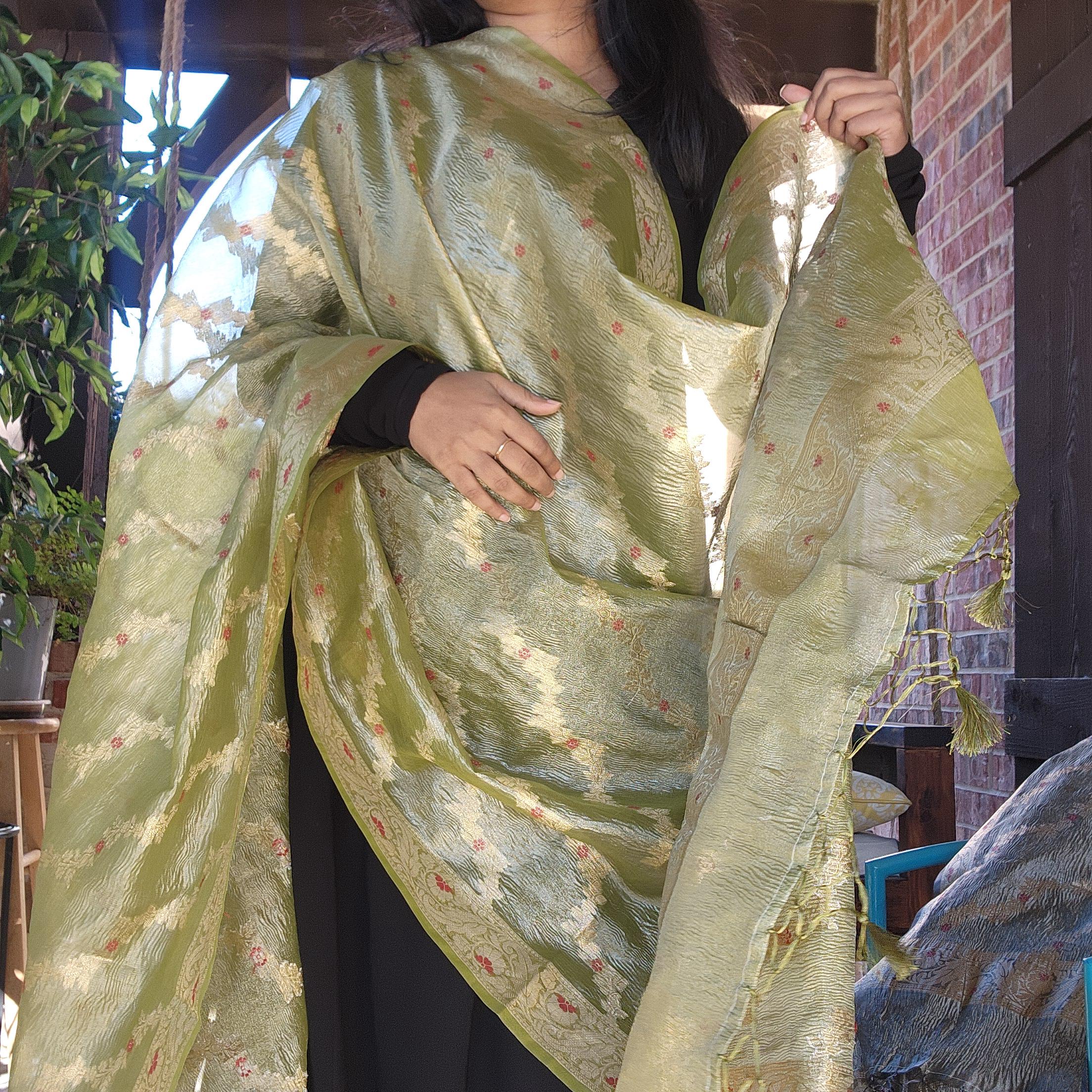 Tissue Silk Green Dupatta, Crushed Tissue Dupatta with meenakari work