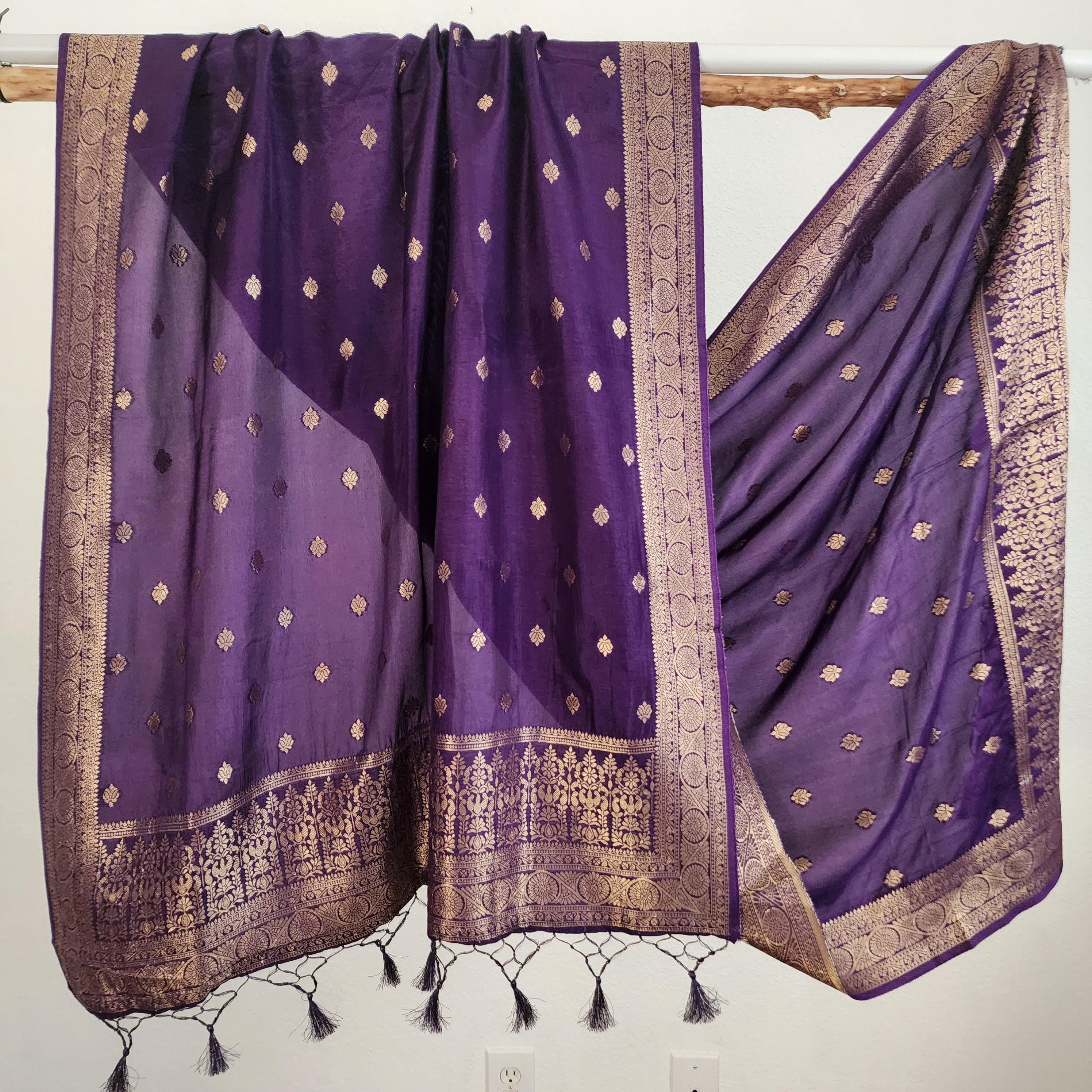 Banarasi Eggplant Dola Silk with Golden Zari border & Floral motifs