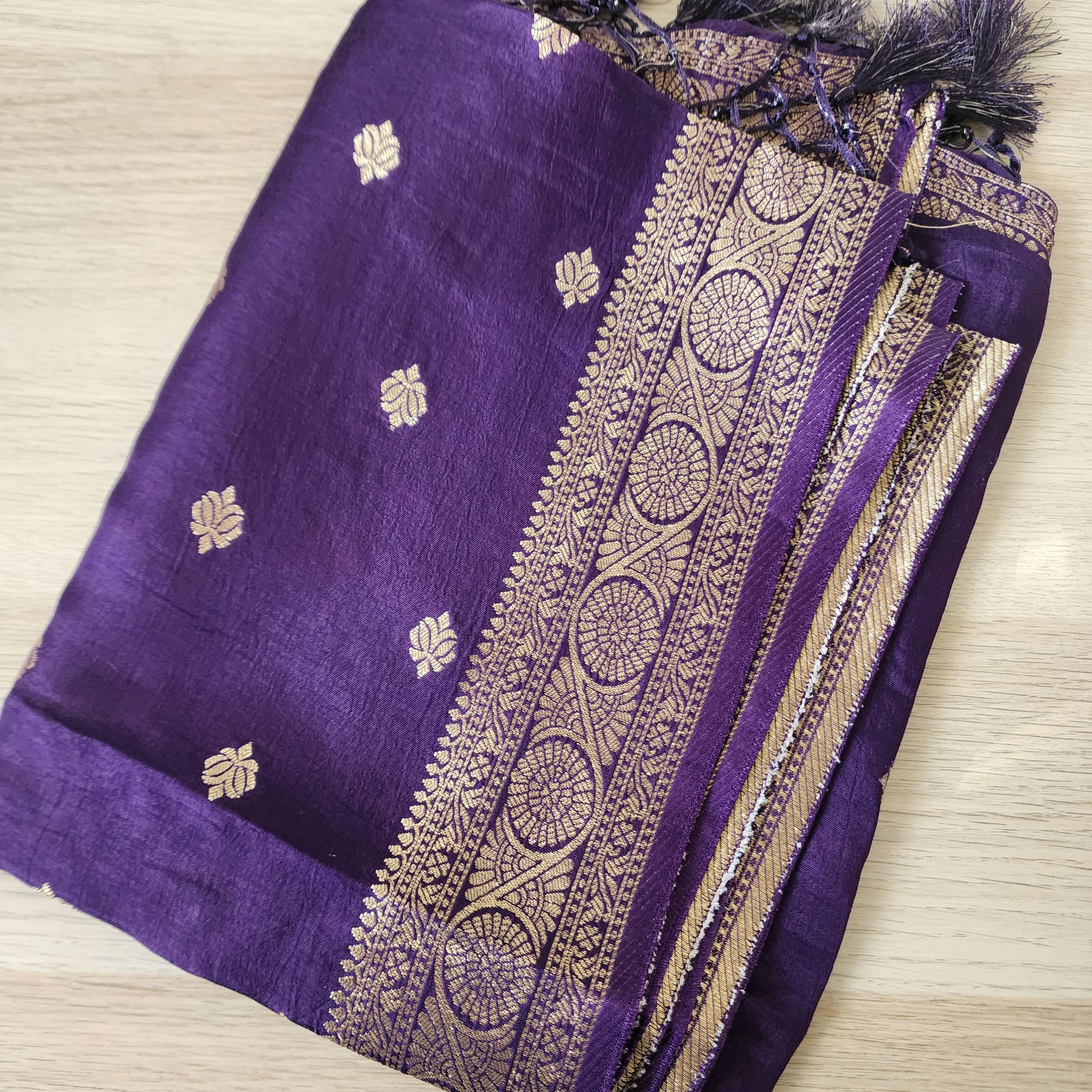 Banarasi Eggplant Dola Silk with Golden Zari border & Floral motifs