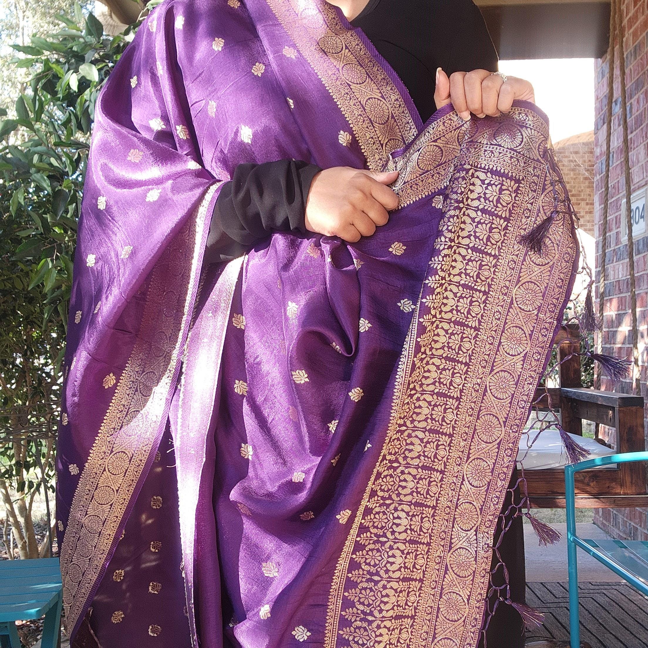Banarasi Eggplant Dola Silk with Golden Zari border & Floral motifs