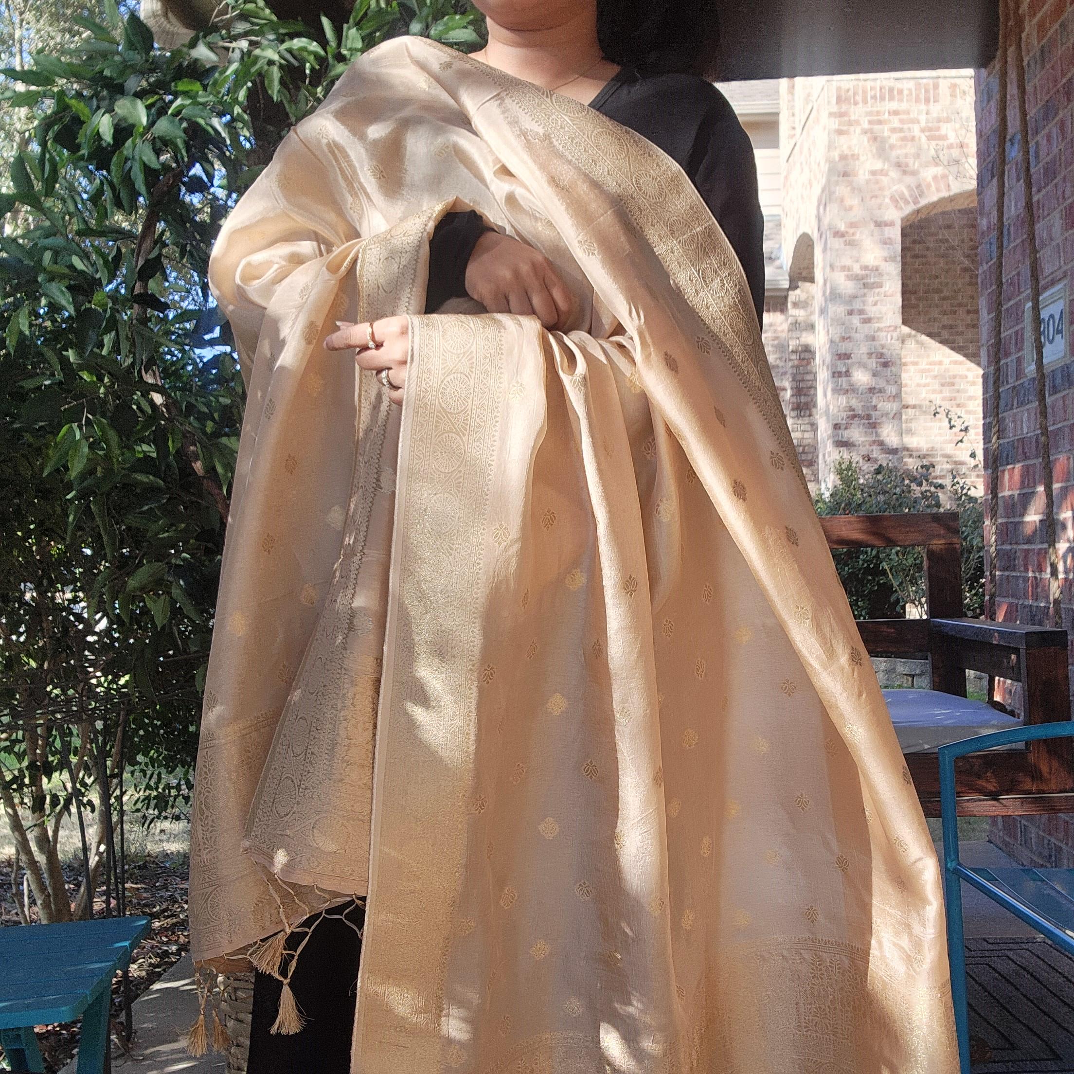 Banarasi Beige Dola Silk with Golden Zari border & Floral motifs