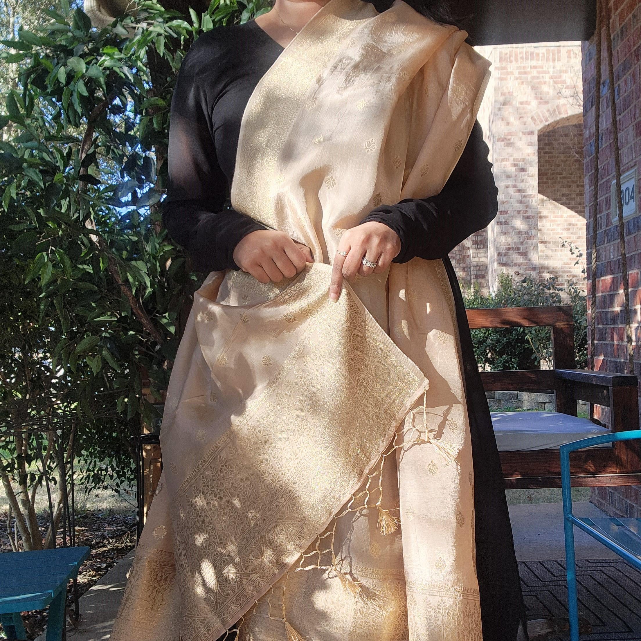 Banarasi Beige Dola Silk with Golden Zari border & Floral motifs