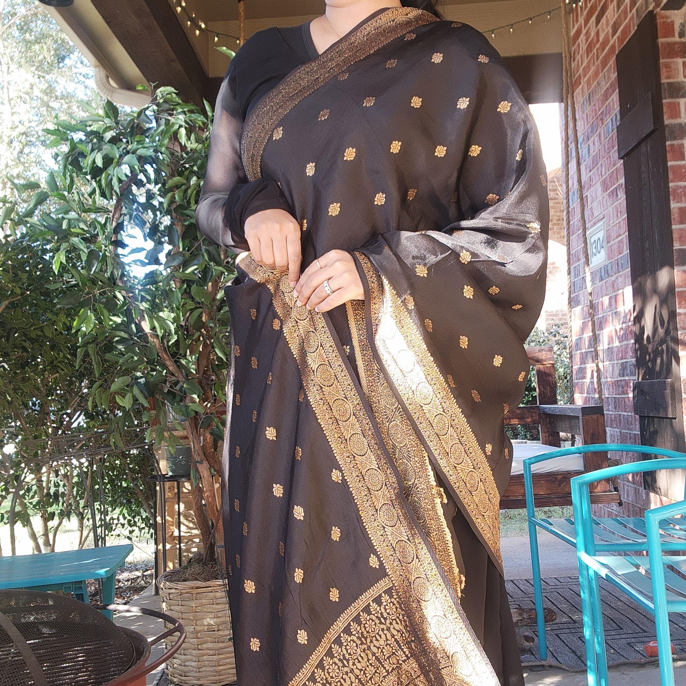 Banarasi Black Dola Silk with Golden Zari border & Floral motifs