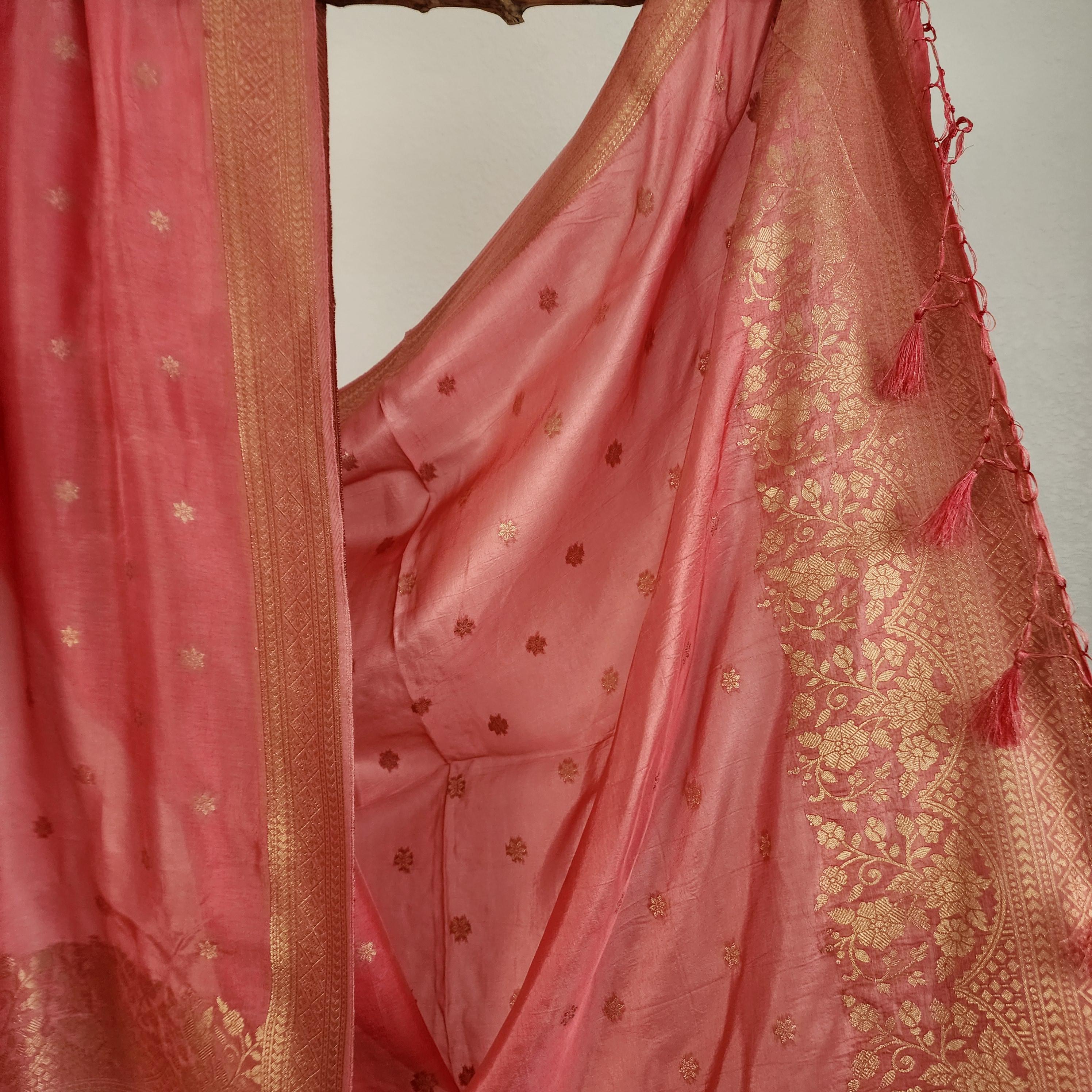 Banarasi Pink Dola Silk with Golden Zari border & Floral motifs