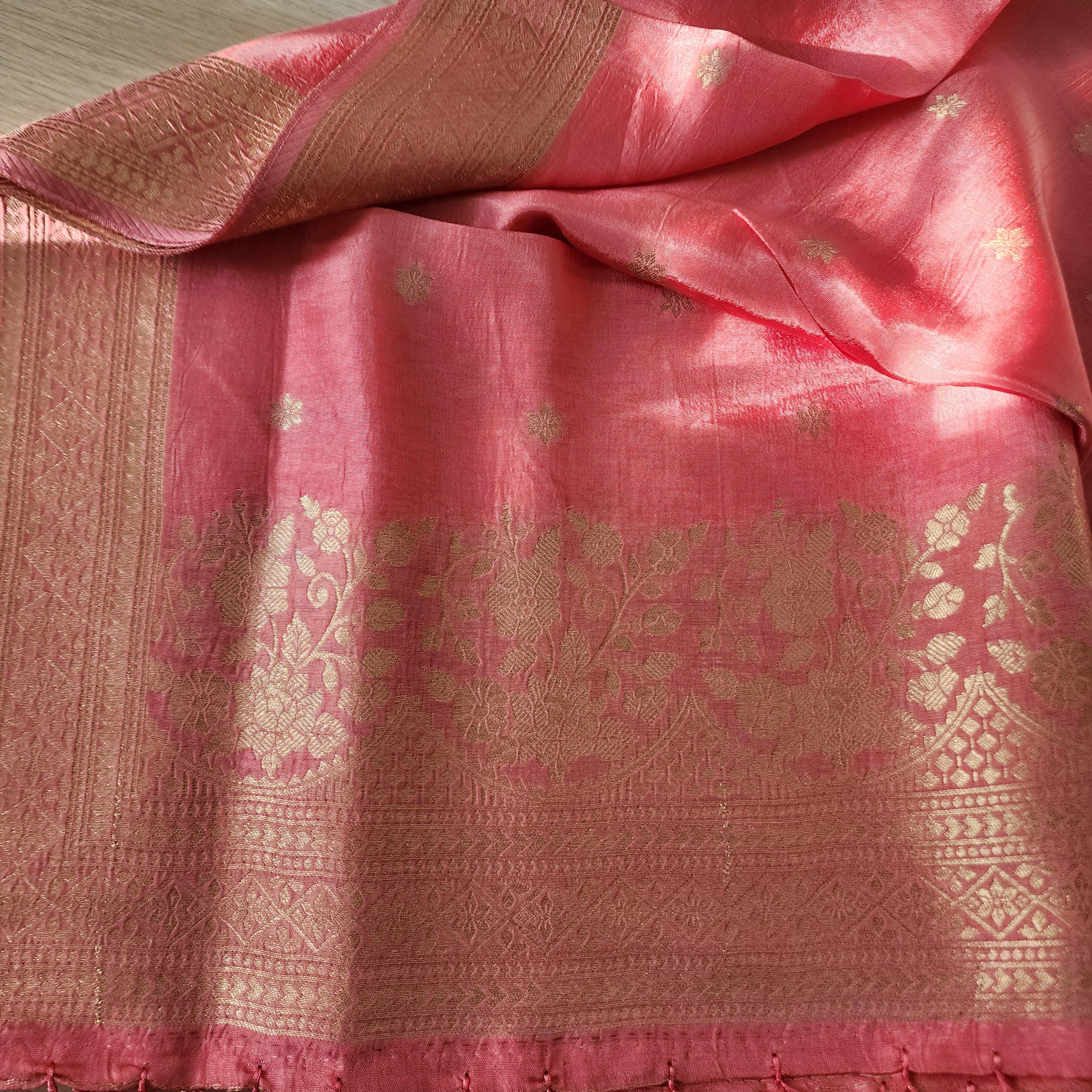 Banarasi Pink Dola Silk with Golden Zari border & Floral motifs
