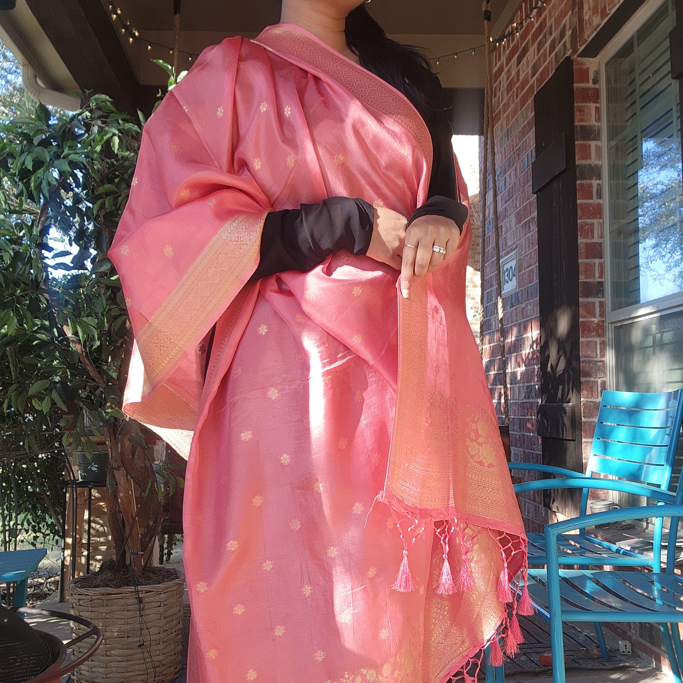 Banarasi Pink Dola Silk with Golden Zari border & Floral motifs