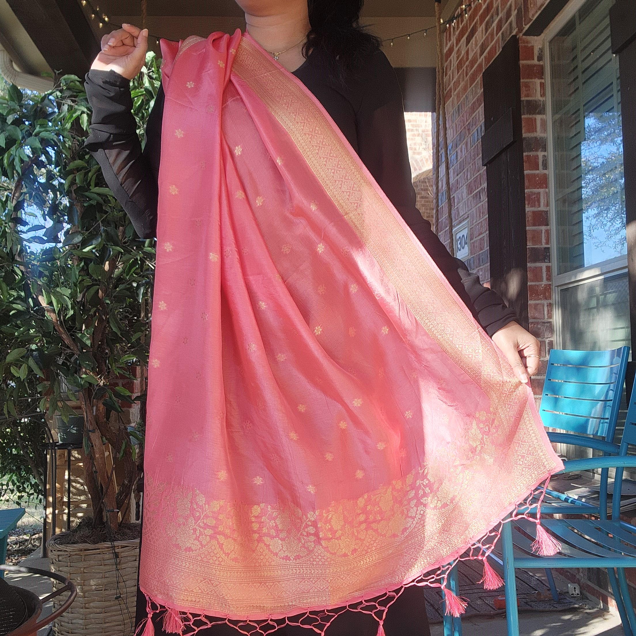 Banarasi Pink Dola Silk with Golden Zari border & Floral motifs