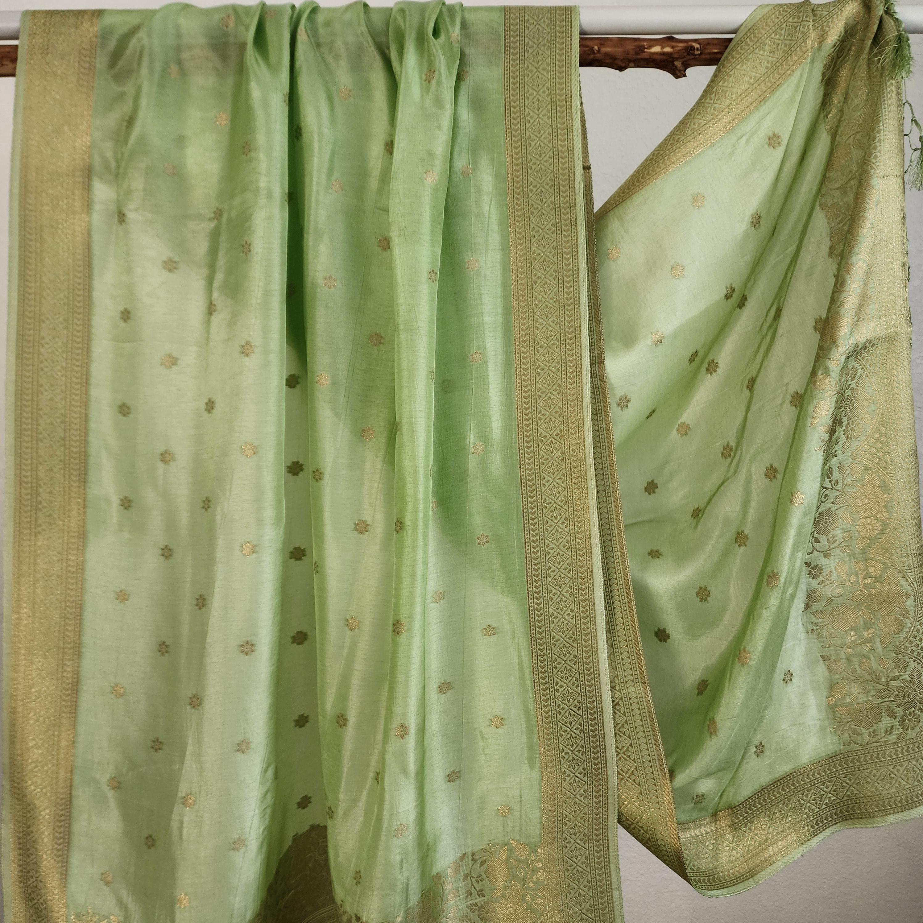Banarasi Light Green Dola Silk with Golden Zari border & Floral motifs