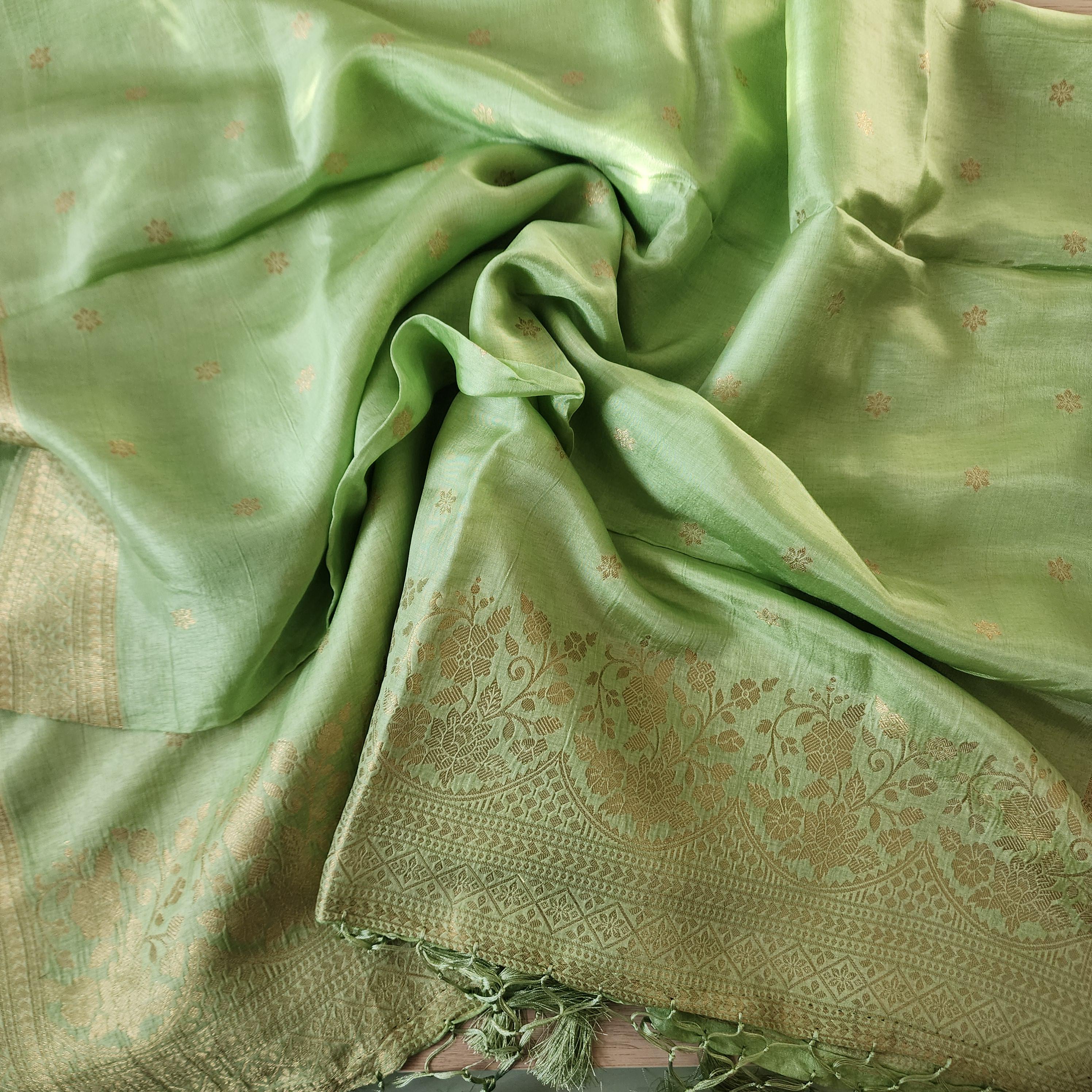 Banarasi Light Green Dola Silk with Golden Zari border & Floral motifs