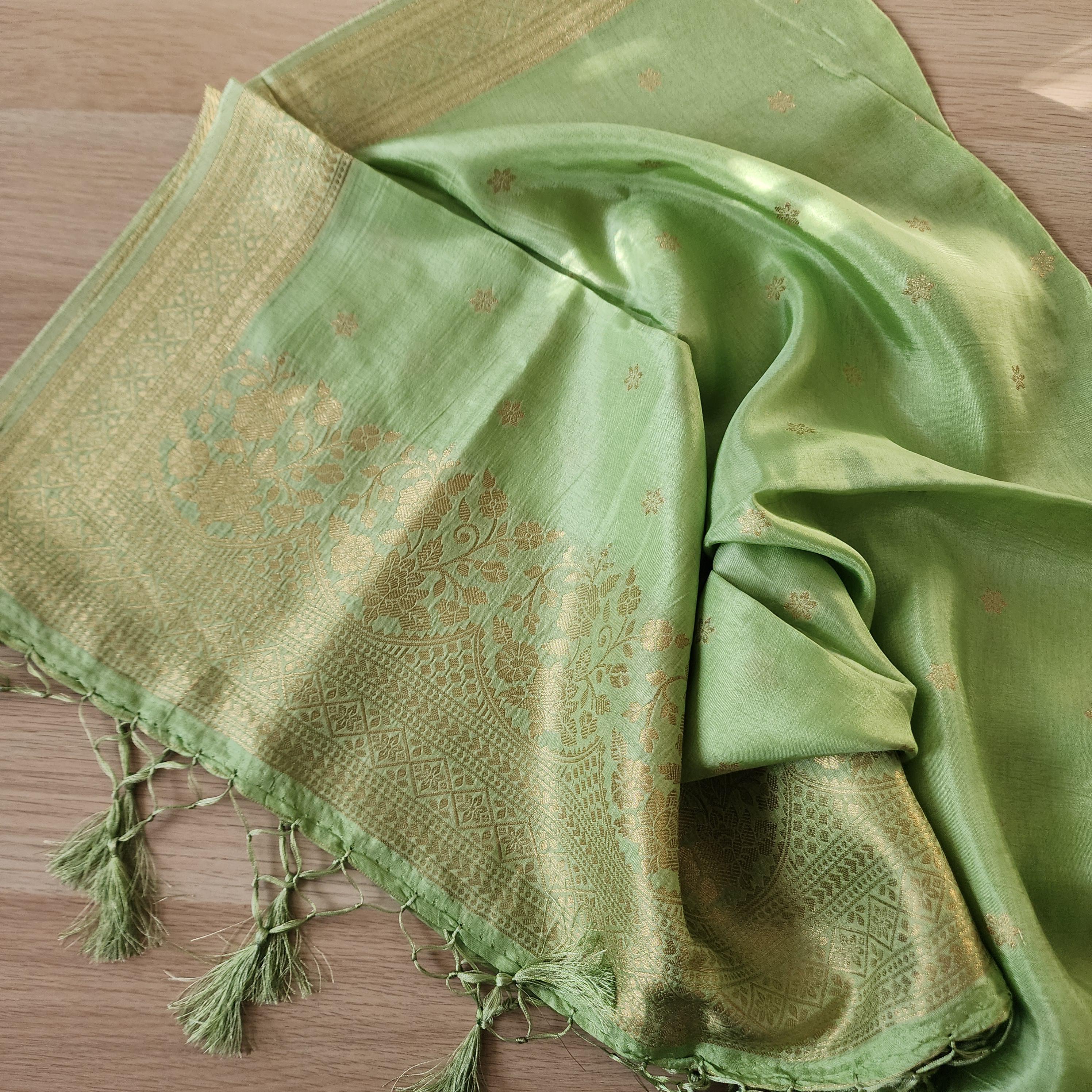 Banarasi Light Green Dola Silk with Golden Zari border & Floral motifs