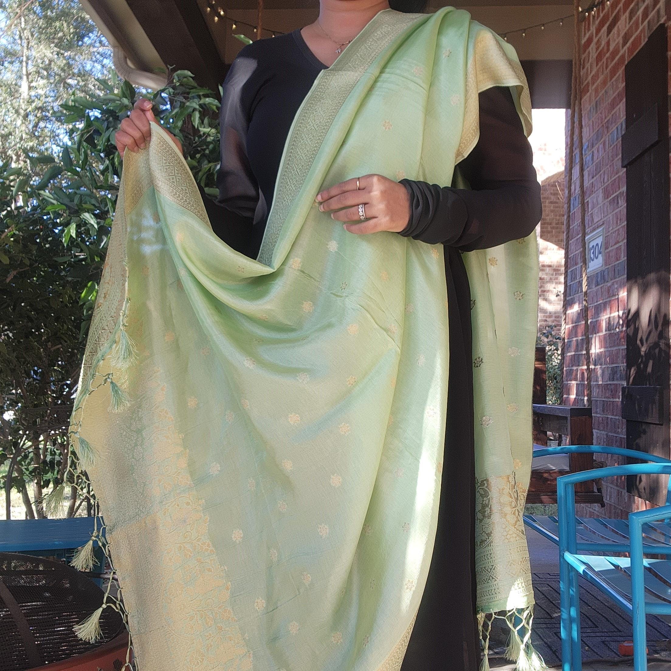 Banarasi Light Green Dola Silk with Golden Zari border & Floral motifs