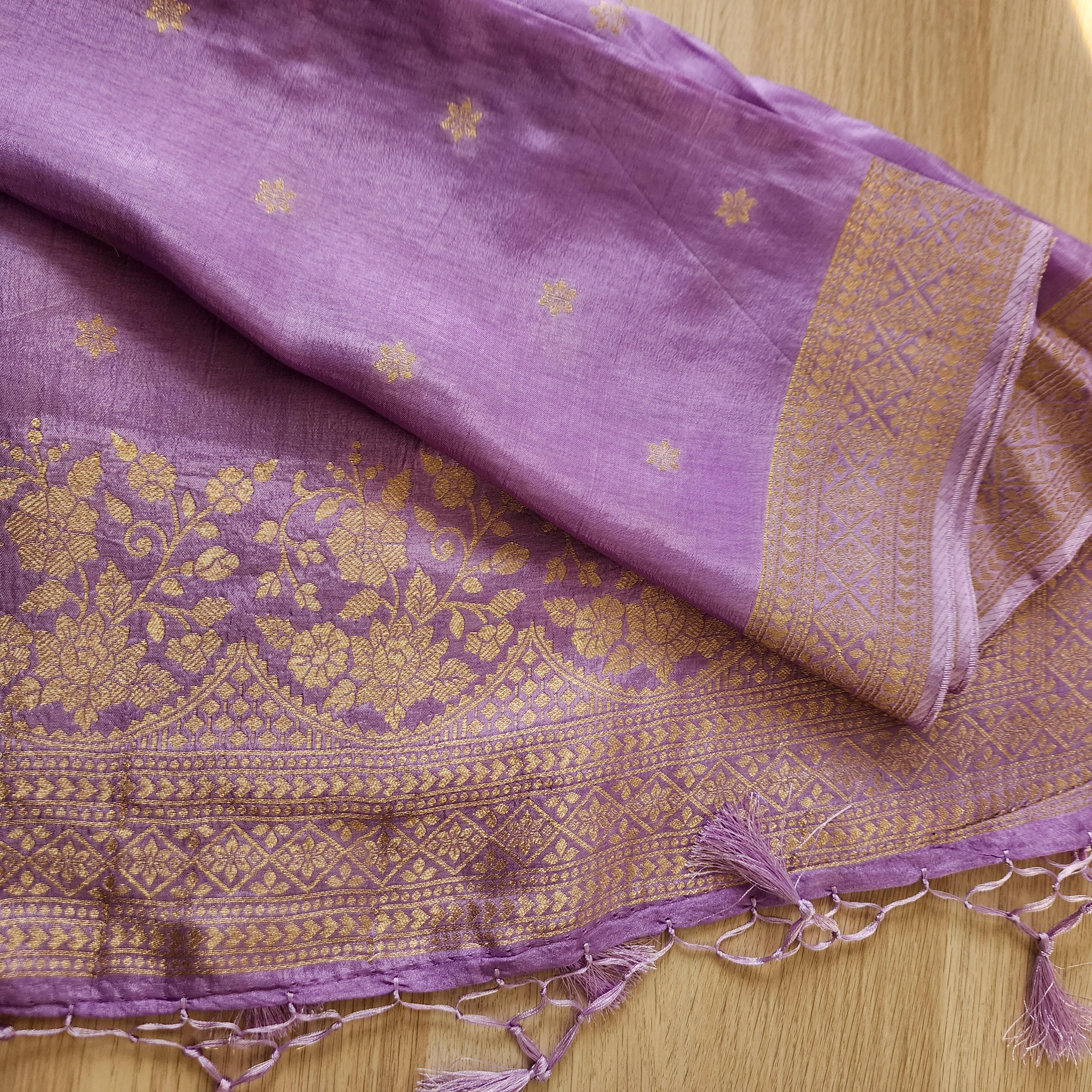 Banarasi Lavender Dola Silk with Golden Zari border & Floral motifs