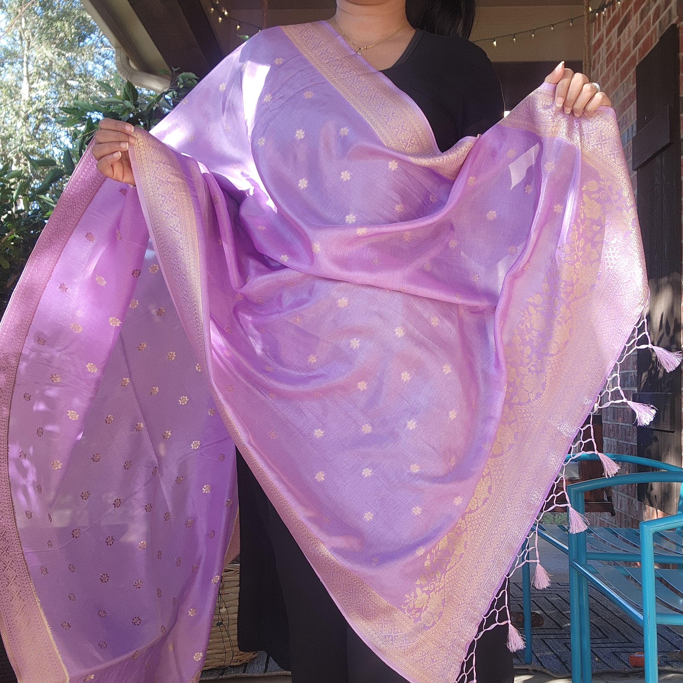 Banarasi Lavender Dola Silk with Golden Zari border & Floral motifs