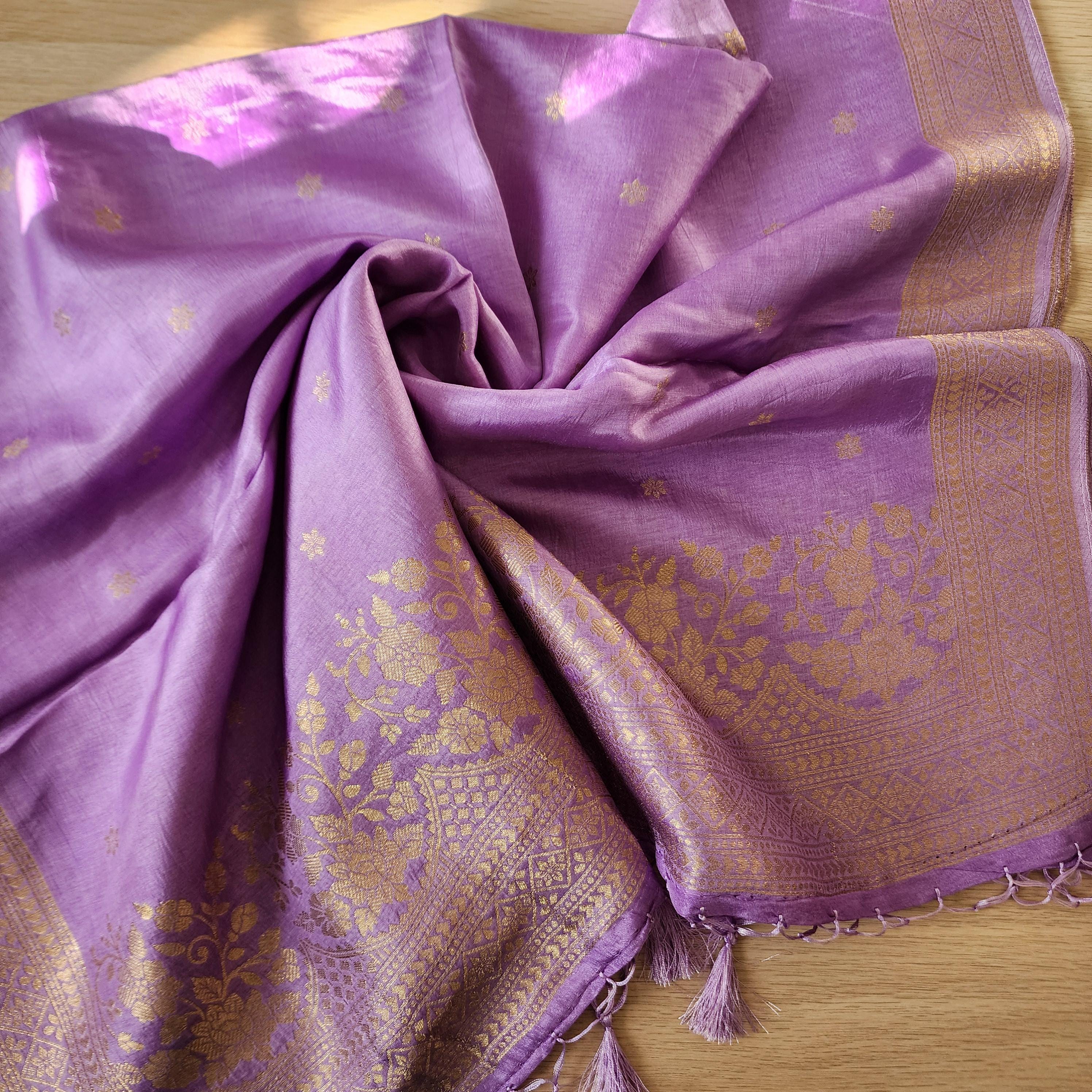 Banarasi Lavender Dola Silk with Golden Zari border & Floral motifs