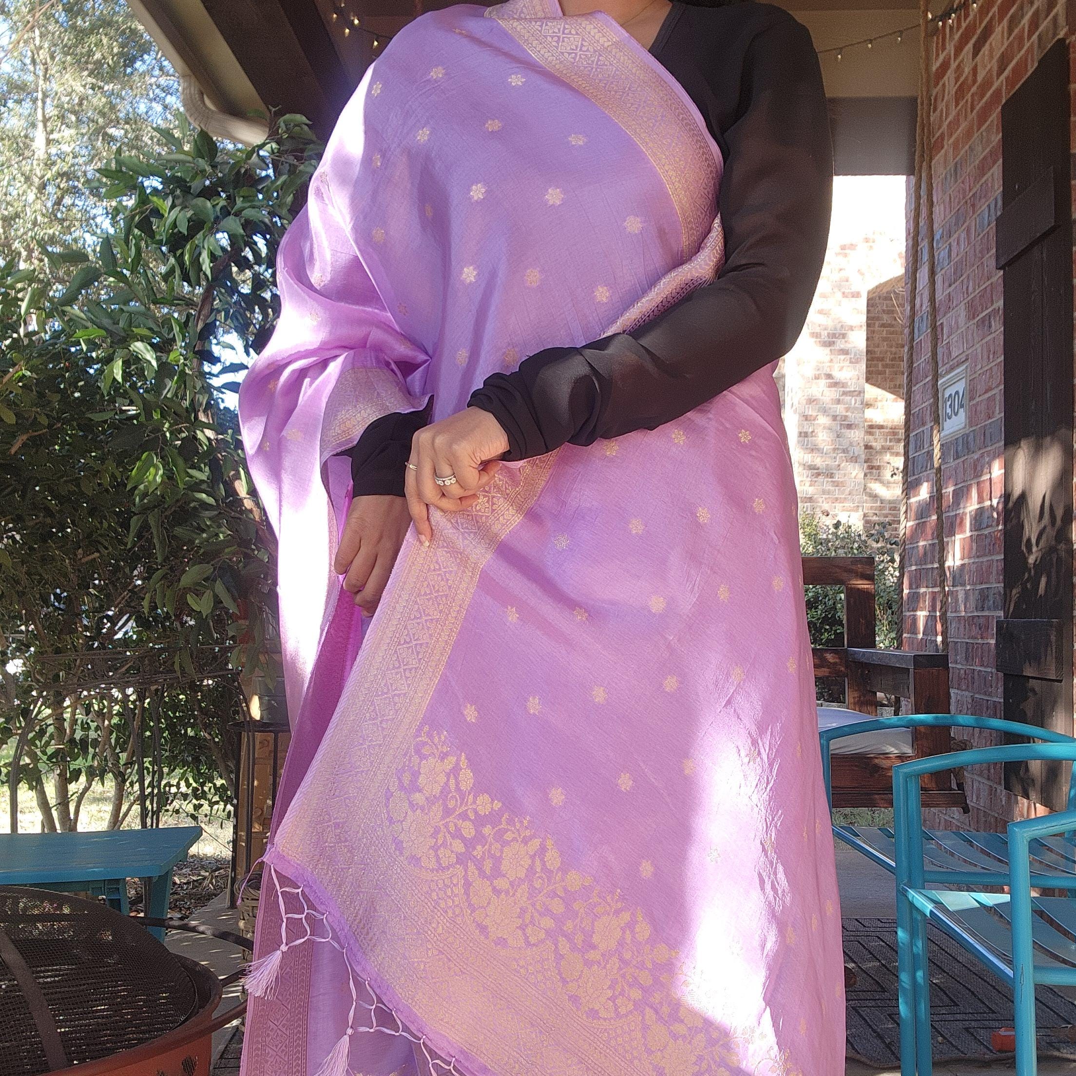 Banarasi Lavender Dola Silk with Golden Zari border & Floral motifs