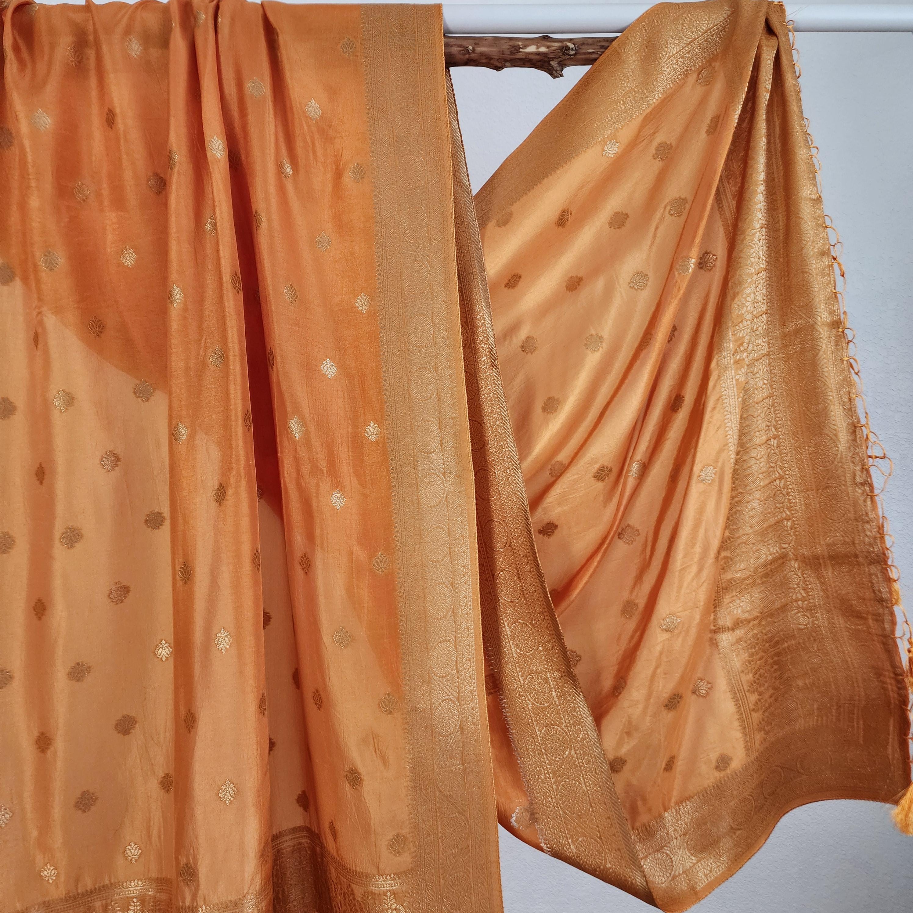 Banarasi Mustard Yellow Dola Silk with Golden Zari border & Floral motifs