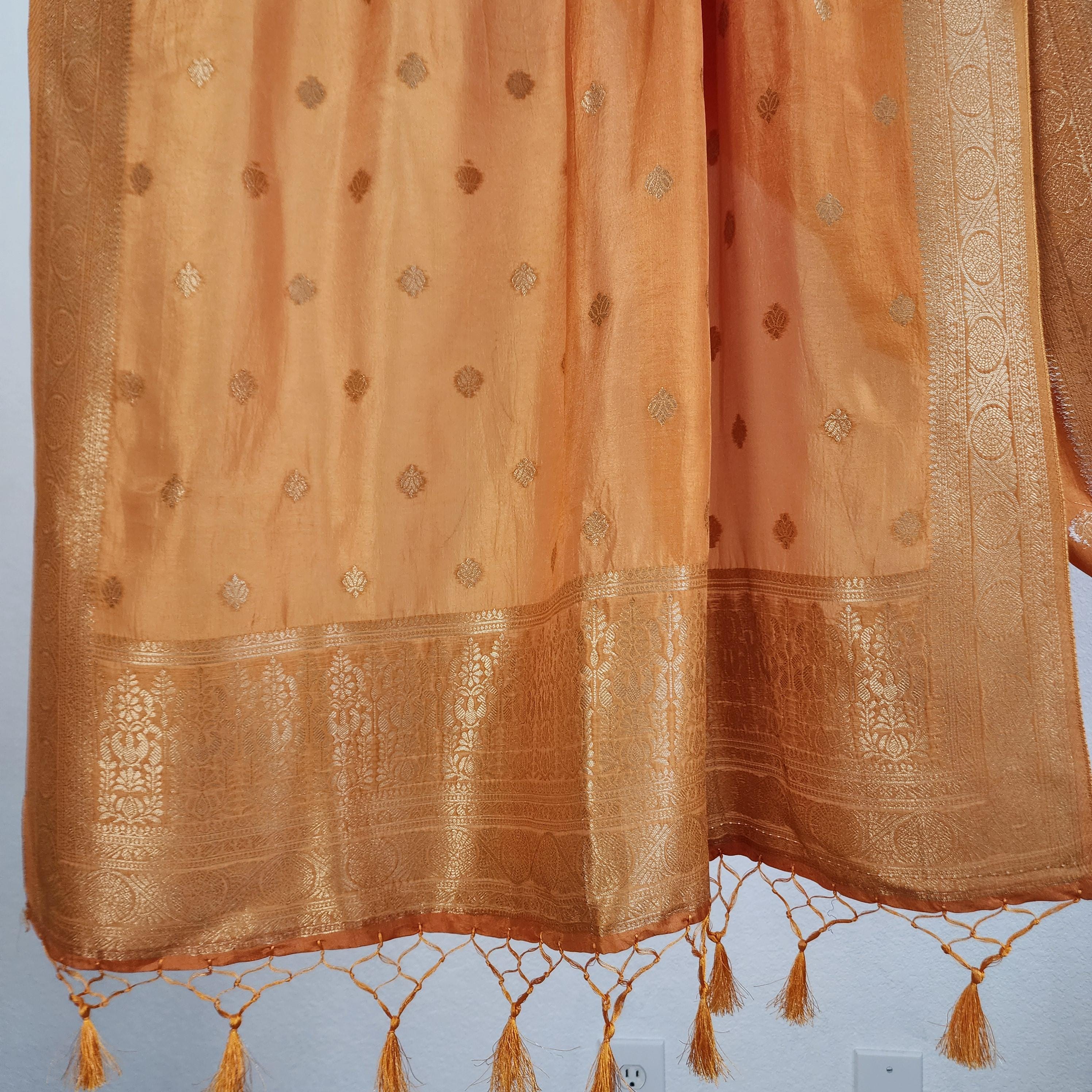 Banarasi Mustard Yellow Dola Silk with Golden Zari border & Floral motifs