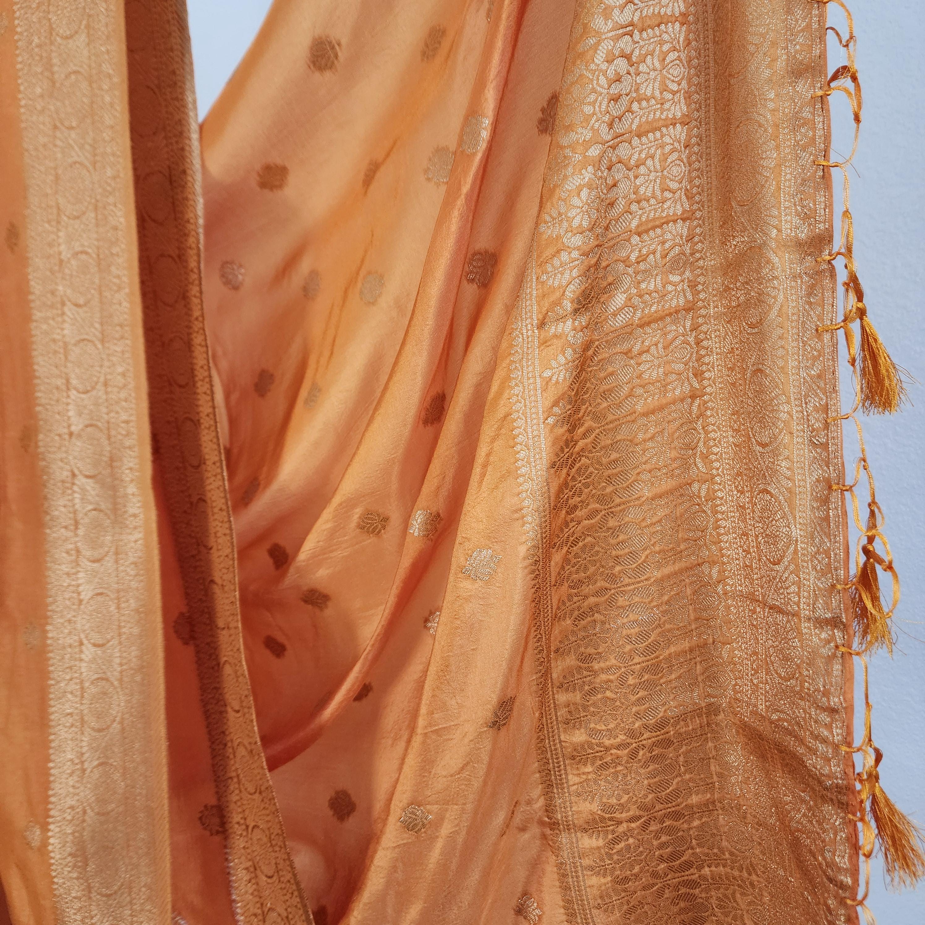 Banarasi Mustard Yellow Dola Silk with Golden Zari border & Floral motifs