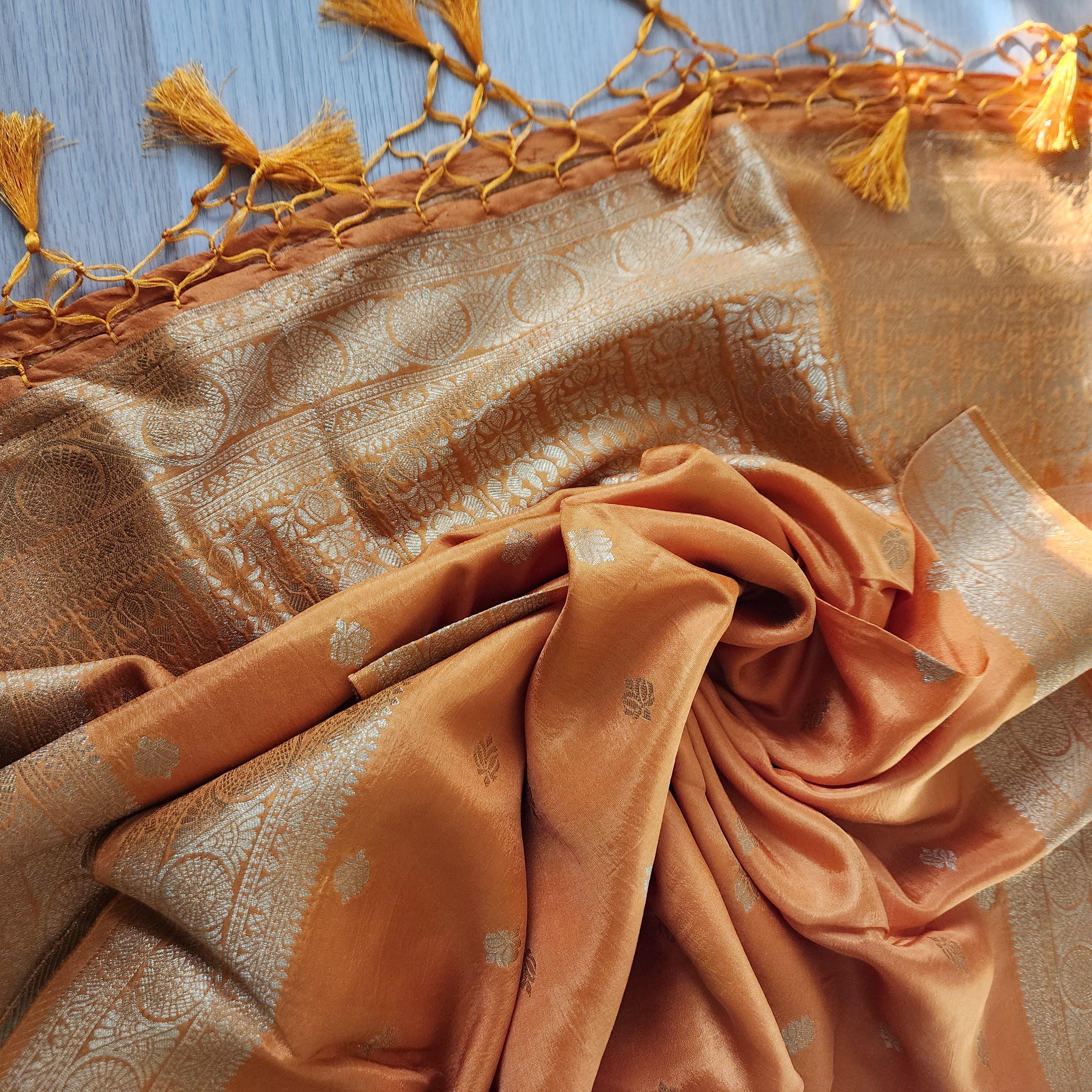 Banarasi Mustard Yellow Dola Silk with Golden Zari border & Floral motifs