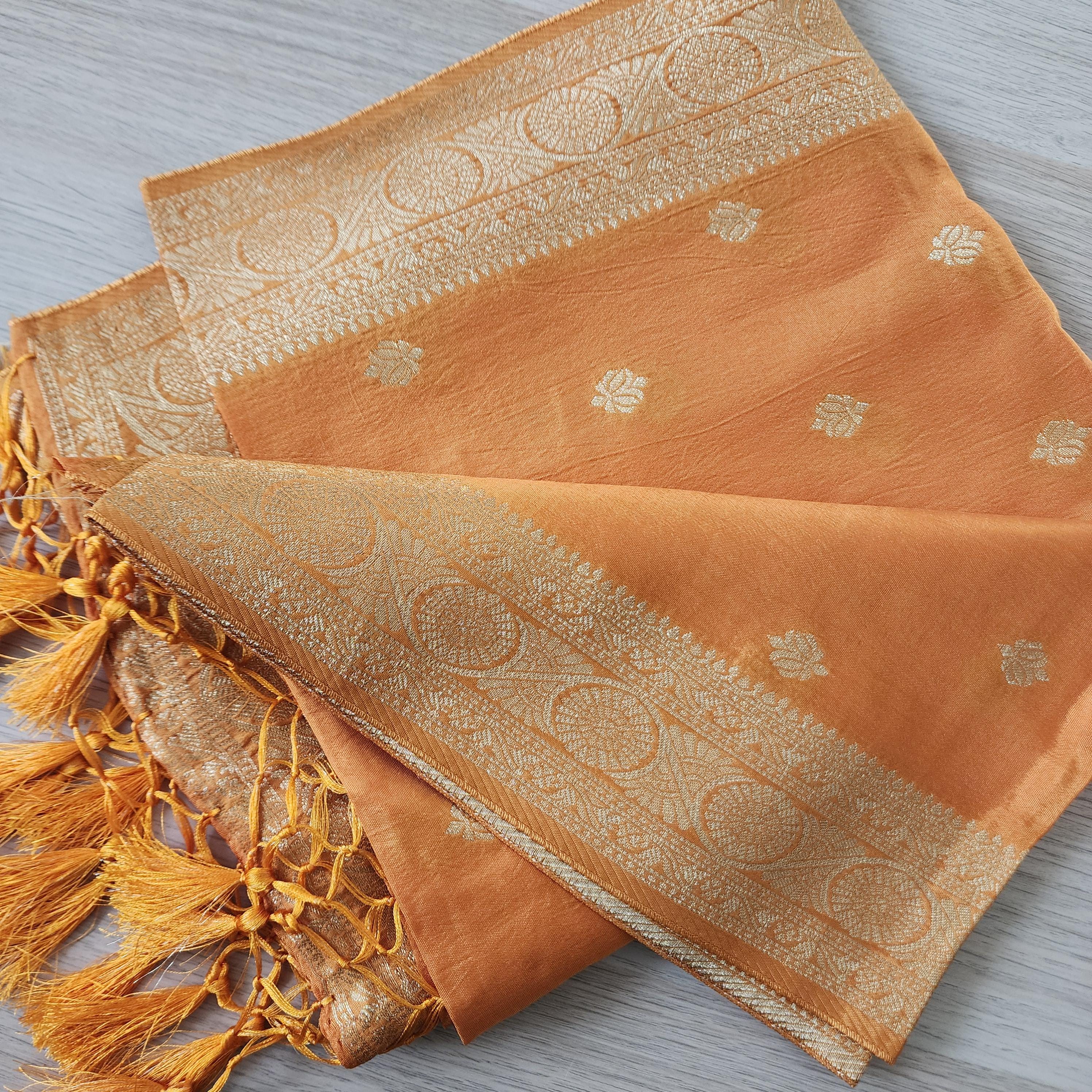 Banarasi Mustard Yellow Dola Silk with Golden Zari border & Floral motifs