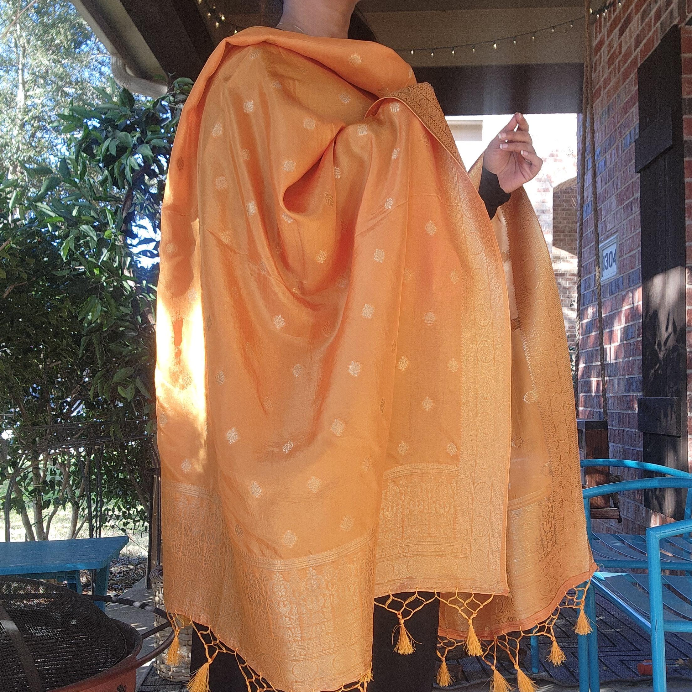 Banarasi Mustard Yellow Dola Silk with Golden Zari border & Floral motifs