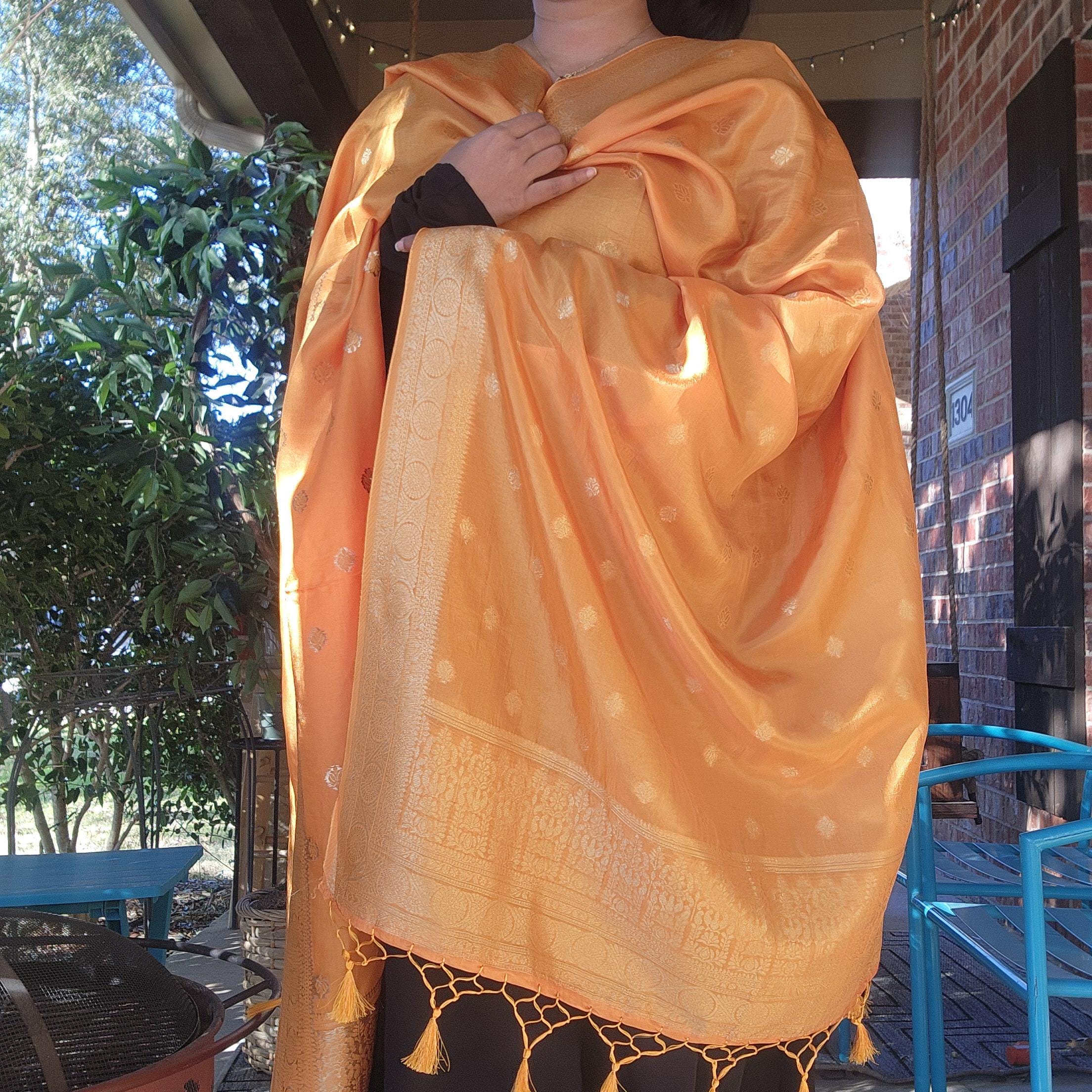 Banarasi Mustard Yellow Dola Silk with Golden Zari border & Floral motifs