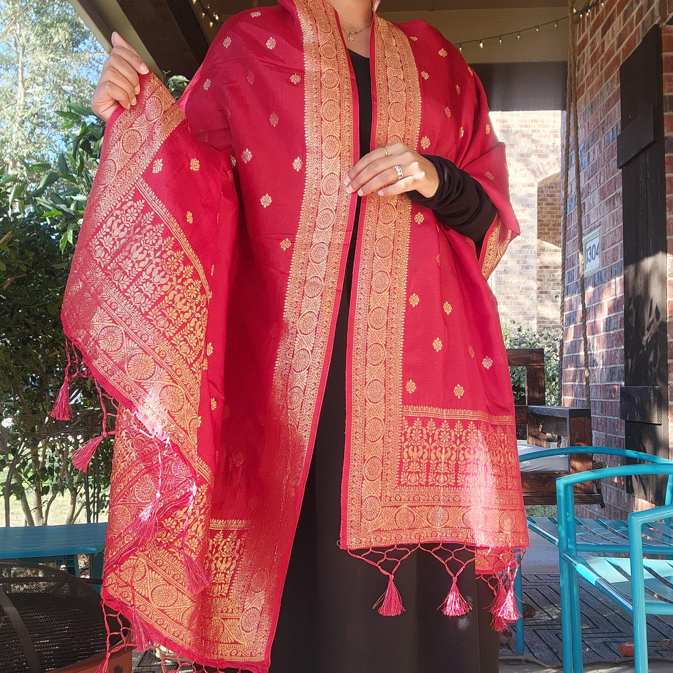 Banarasi Maroon Red Dola Silk with Golden Zari border & Floral motifs