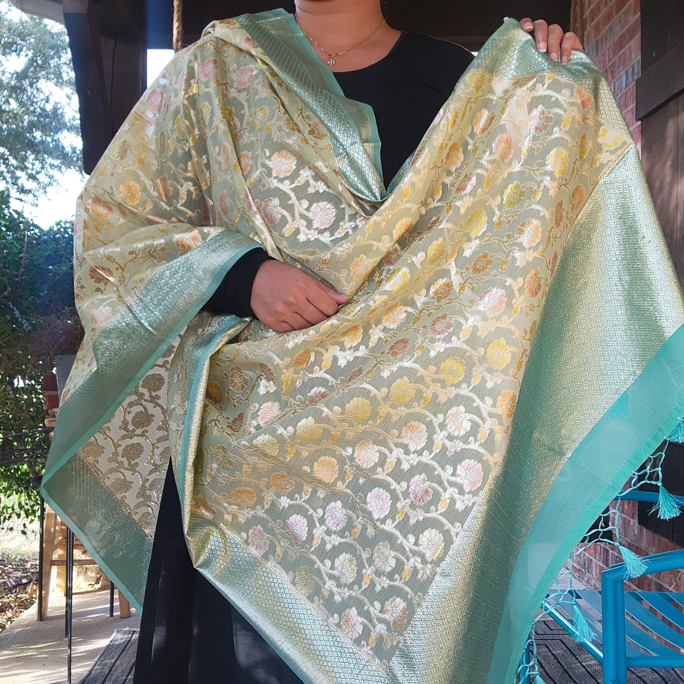 Banarasi Linen Silk Light Green dupatta, Handpainted Multicolor meenakari work